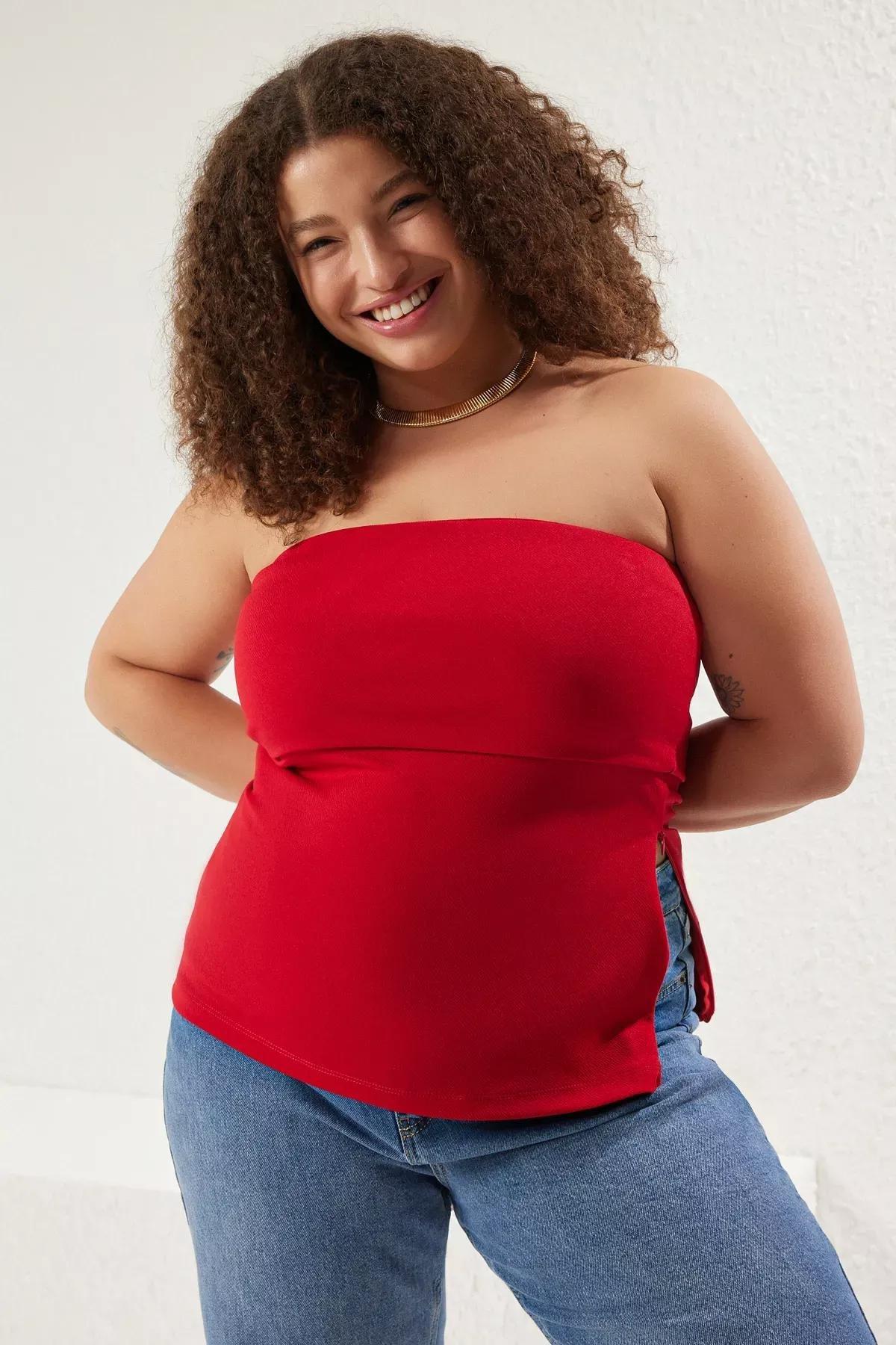 Red Strapless Zipper Blouse, Red, large image number 0