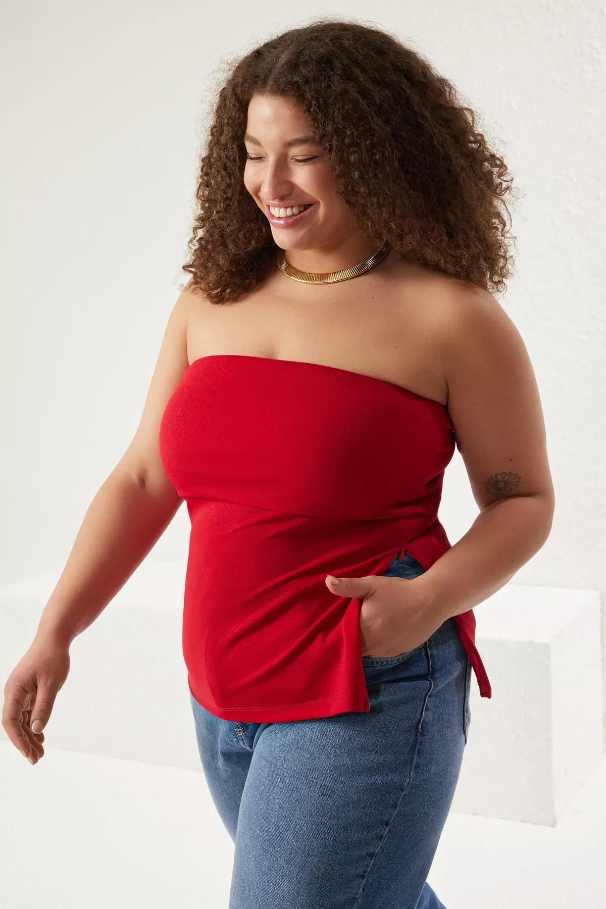 Red Strapless Zipper Blouse, Red, large image number 1