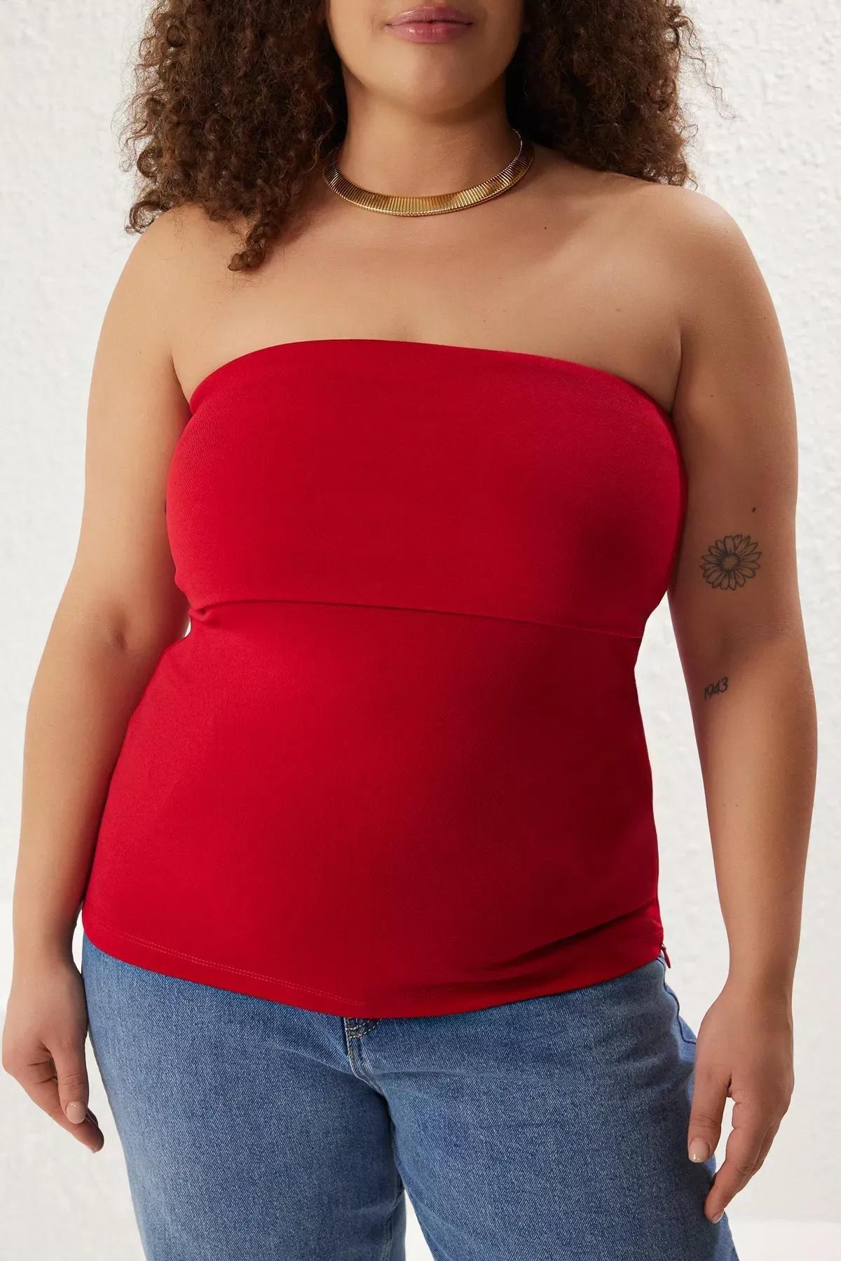 Red Strapless Zipper Blouse, Red, large image number 2
