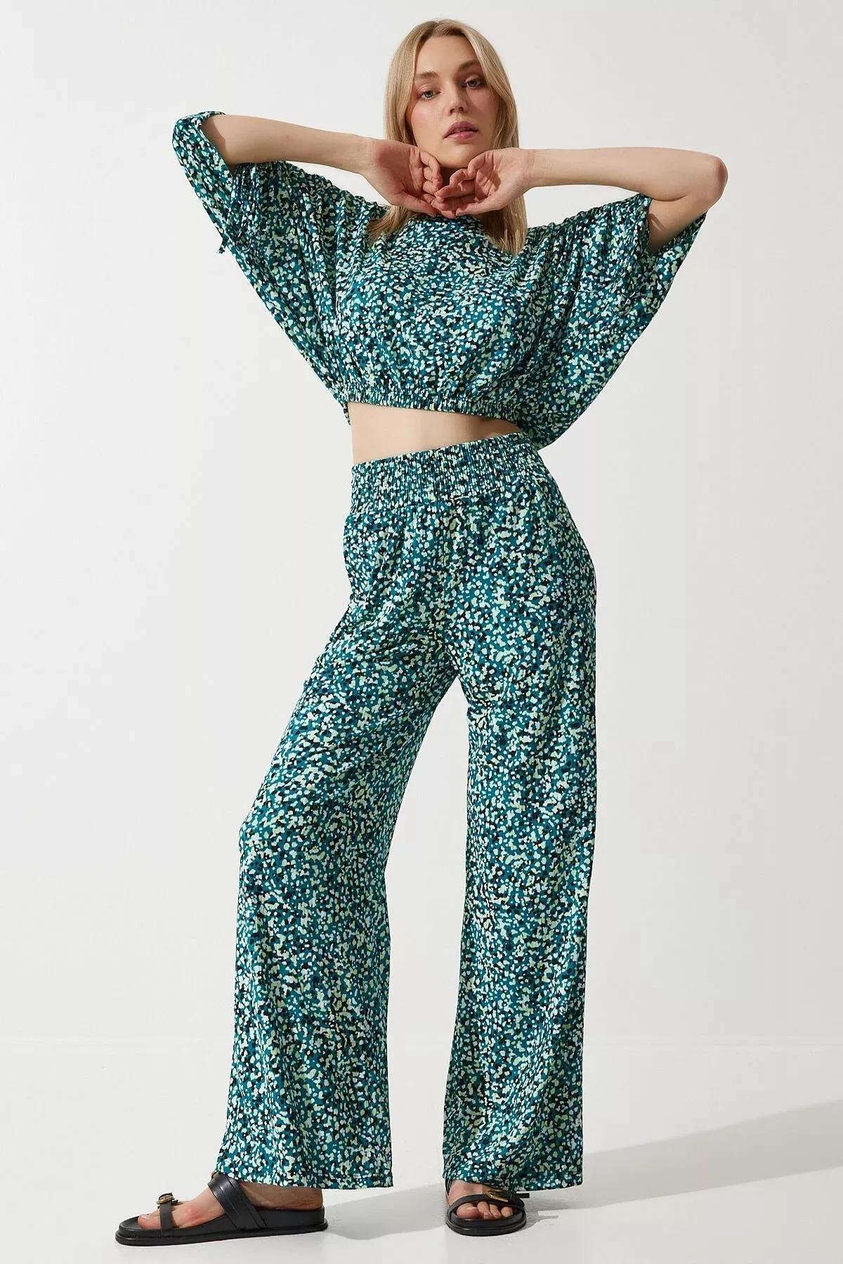 Green Patterned Blouse Palazzo Knitted Suit, , large image number 0