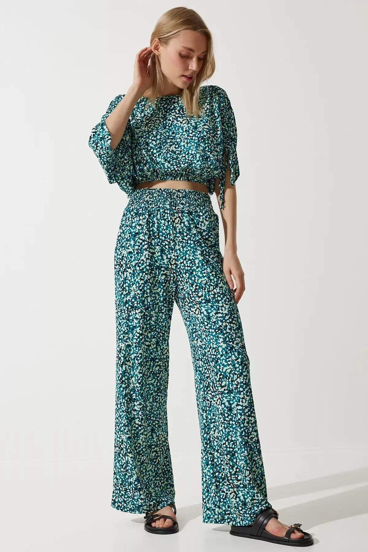 Green Patterned Blouse Palazzo Knitted Suit, , large image number 1