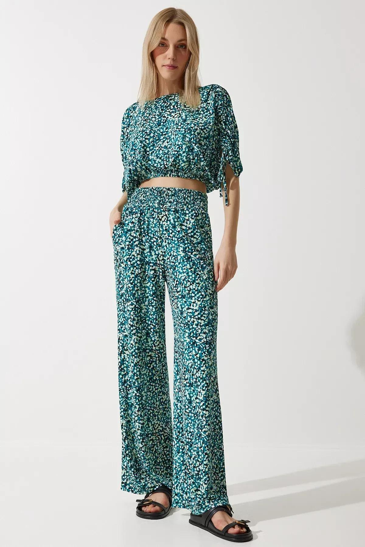 Green Patterned Blouse Palazzo Knitted Suit, , large image number 2