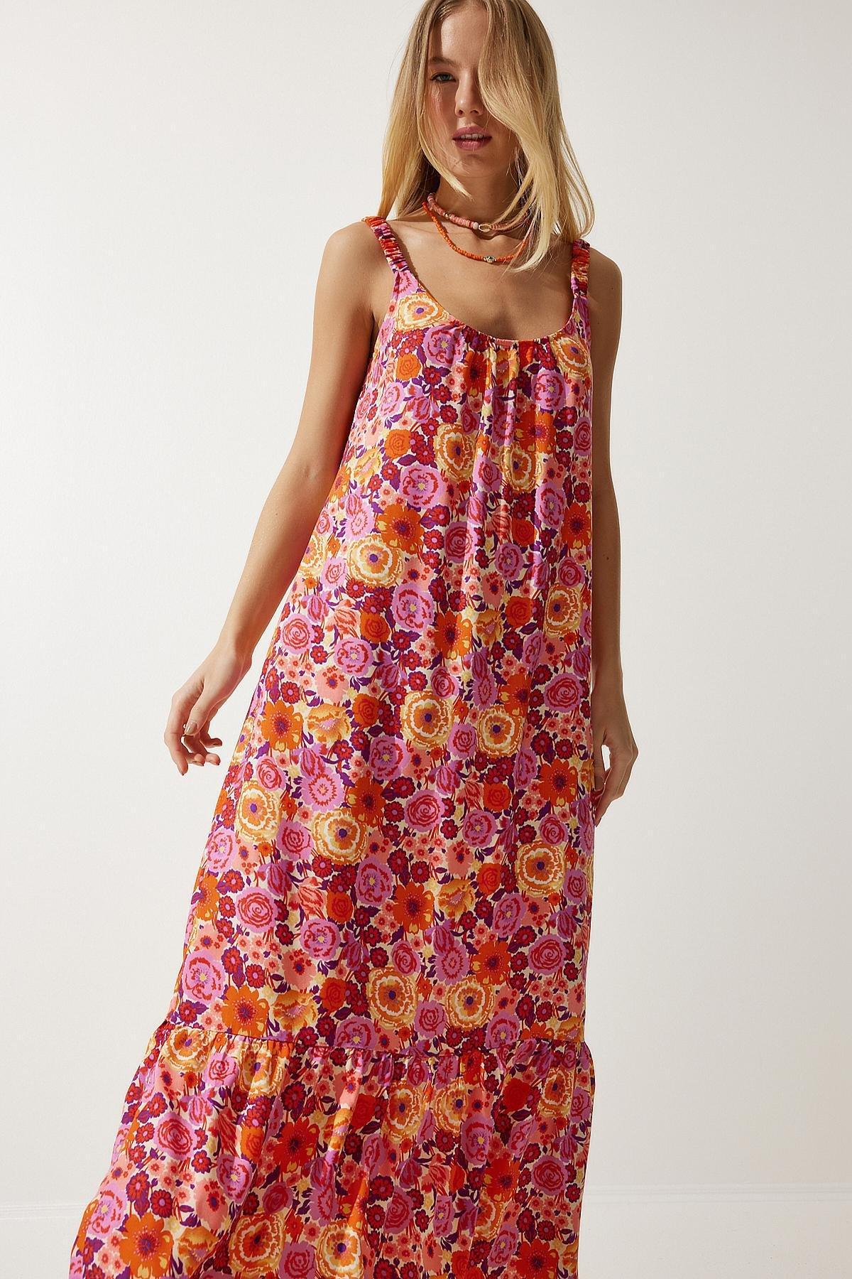Womens Orange Elastic Strap Patterned Long Knitted Dress UB00242, single, , large image number 3