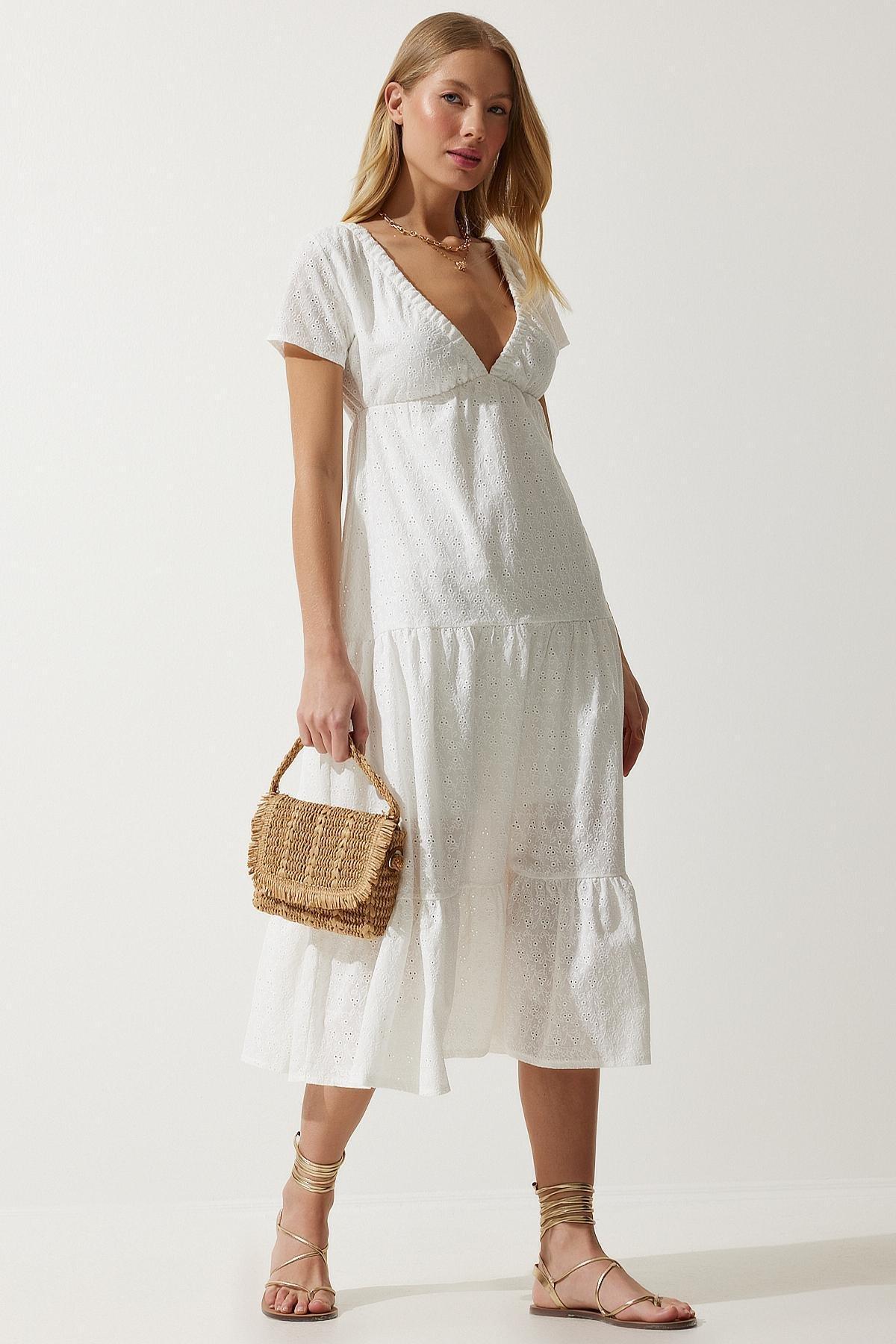 Ecru Textured Milkmaid Midi Dress, Ecru, large image number 2