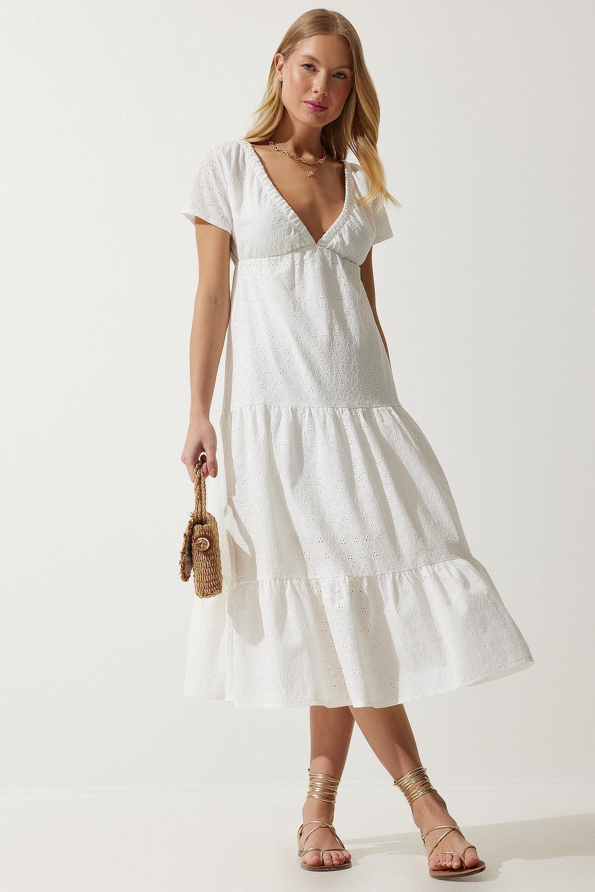 Ecru Textured Milkmaid Midi Dress, Ecru, large image number 3