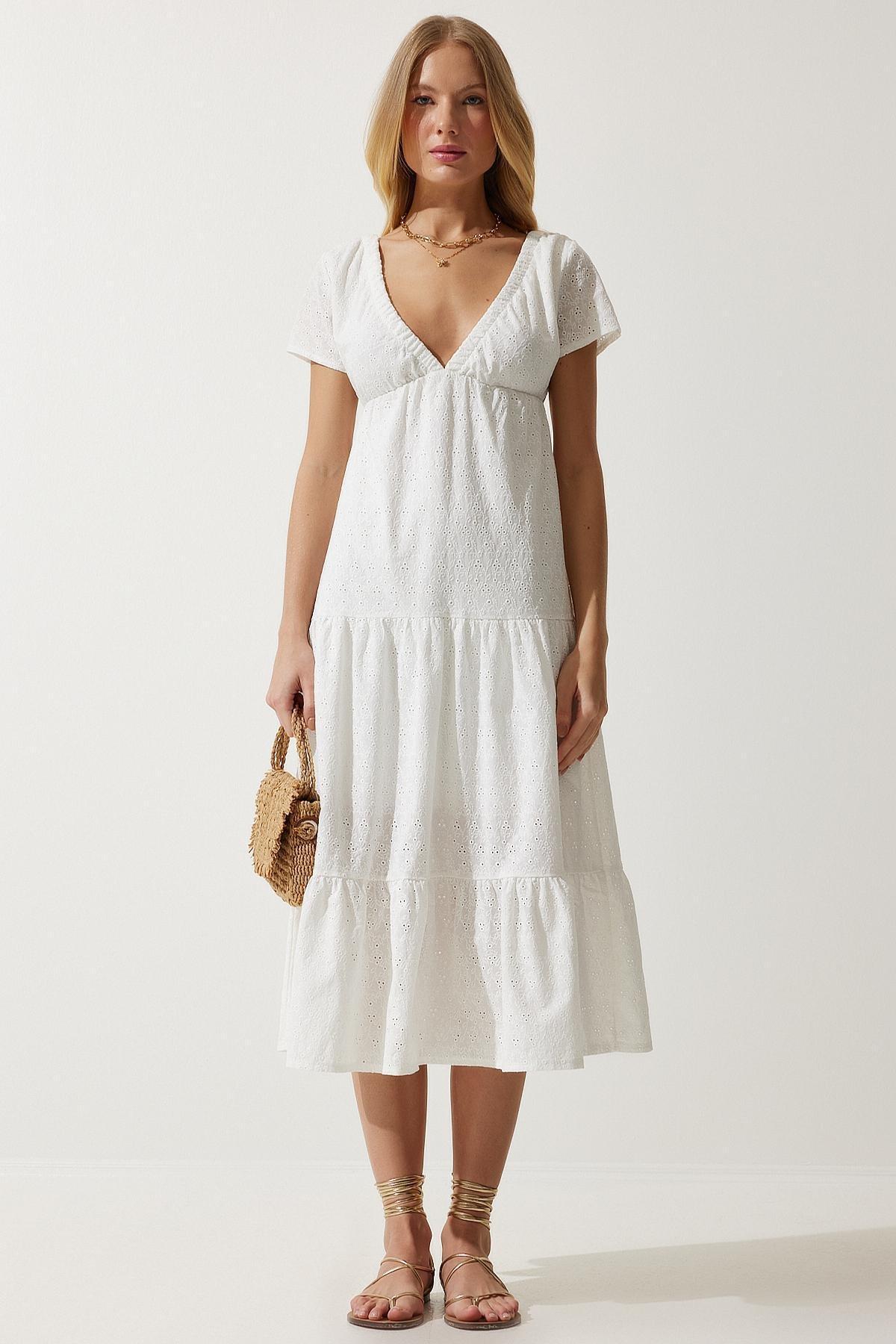 Ecru Textured Milkmaid Midi Dress, Ecru, large image number 4