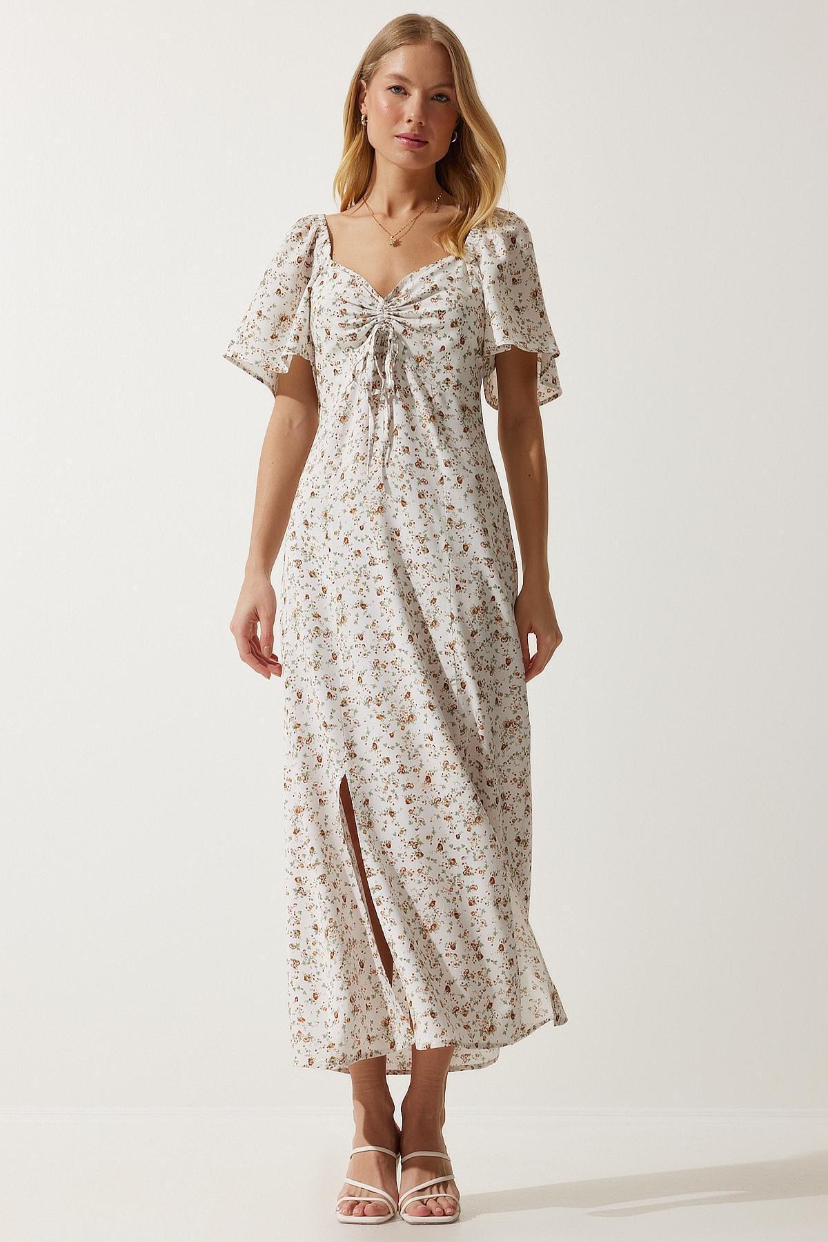 Ecru Slit Detailed Flounce Dress, Ecru, large image number 1