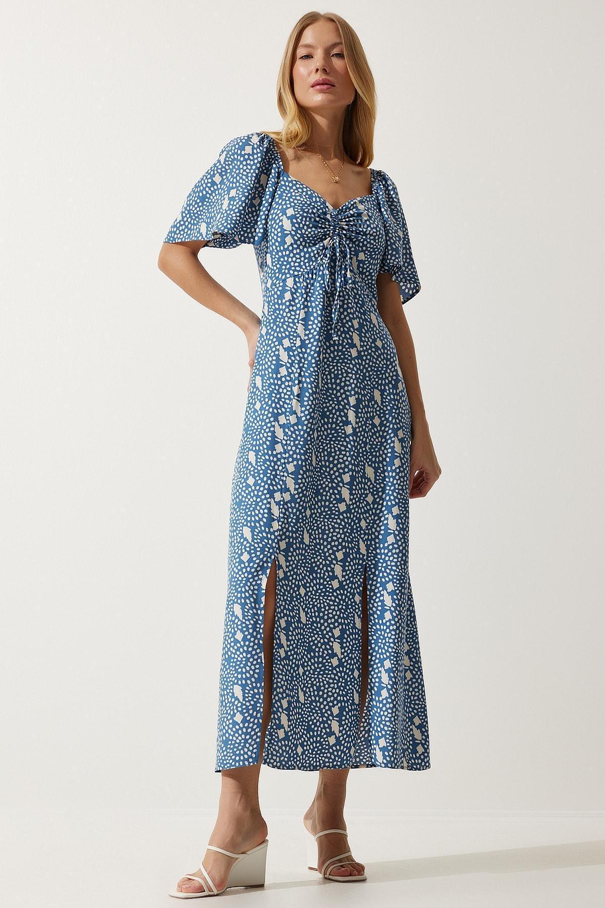 Blue Slit Detailed Flounce Dress, , large image number 0