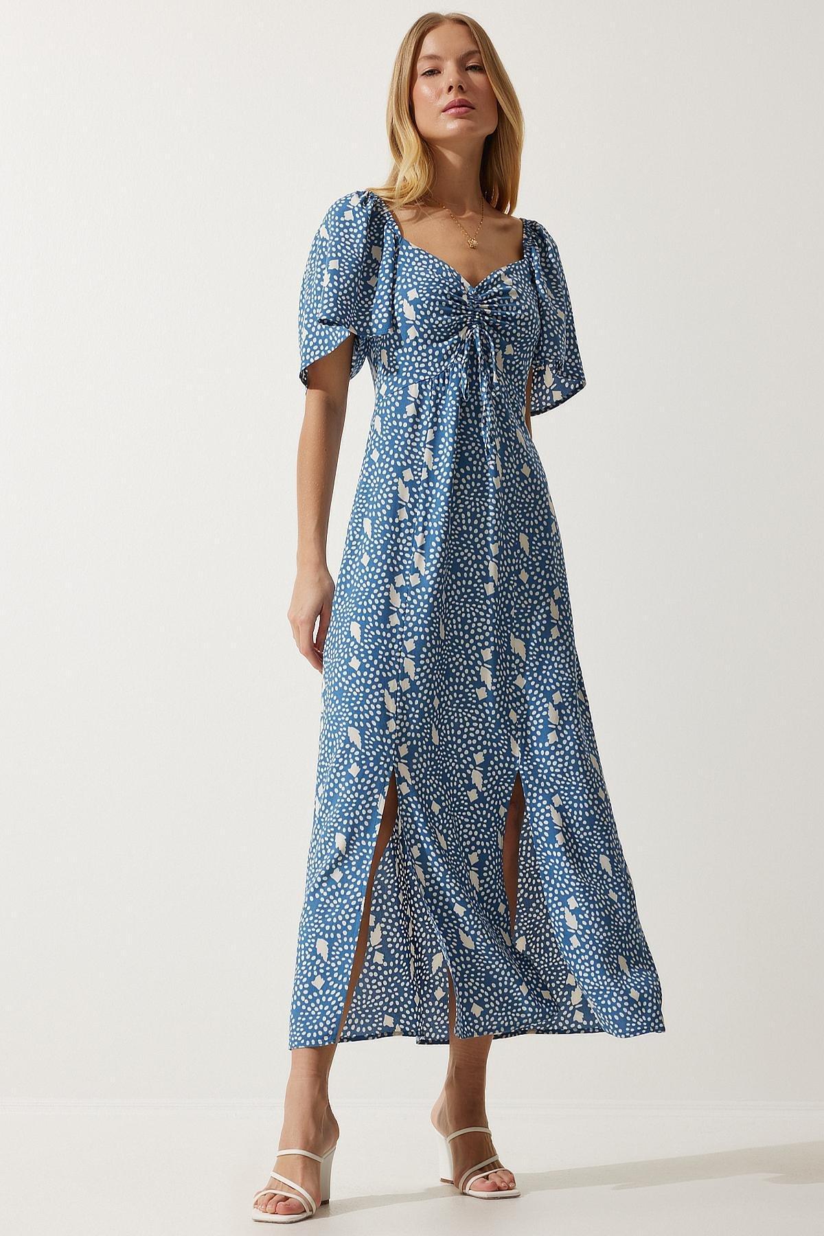 Blue Slit Detailed Flounce Dress, , large image number 1