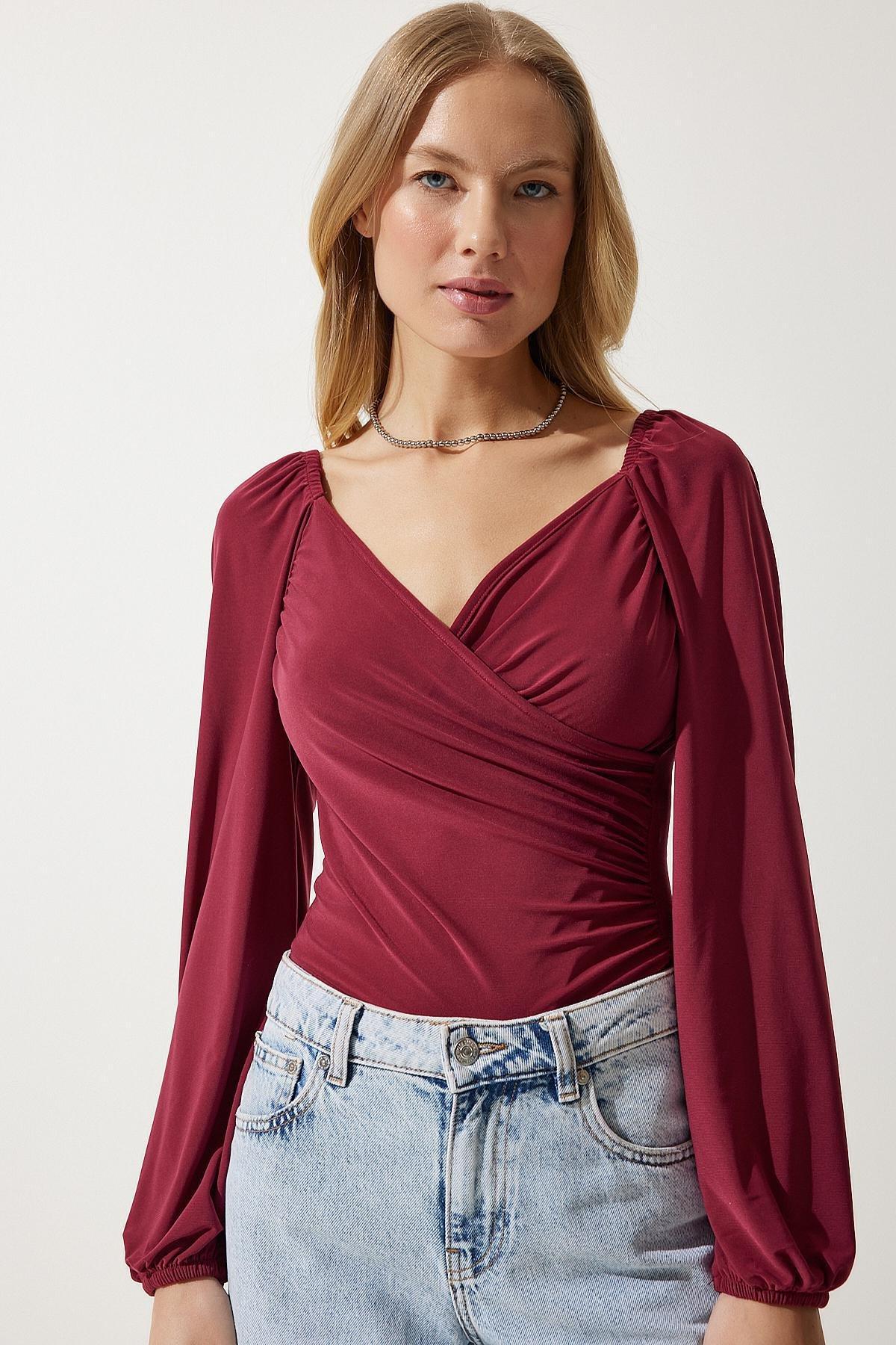 Red Ruched Romantic Blouse, CHERRY, large image number 1