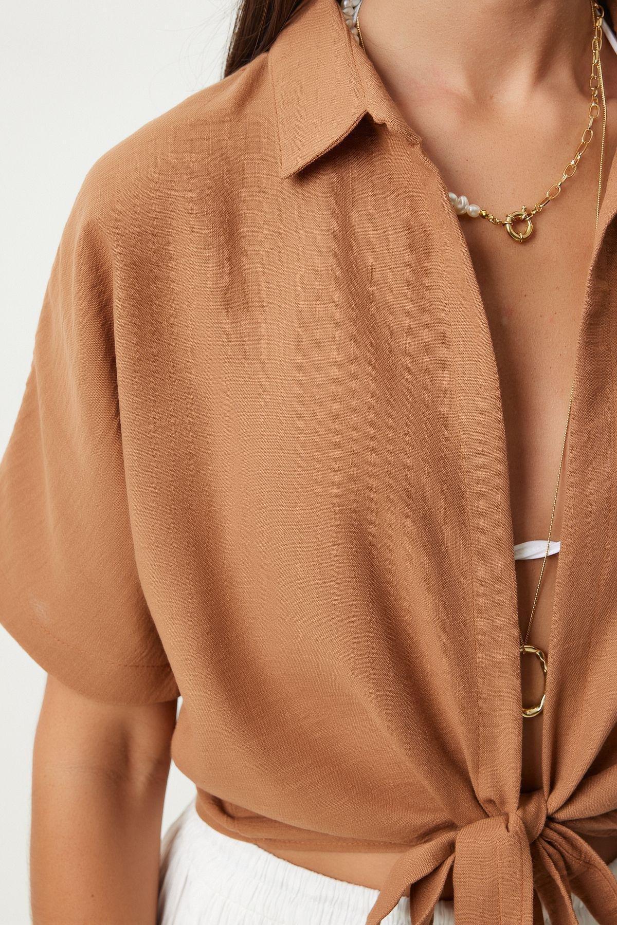 Camel Textured Cropped Blouse, , large image number 1