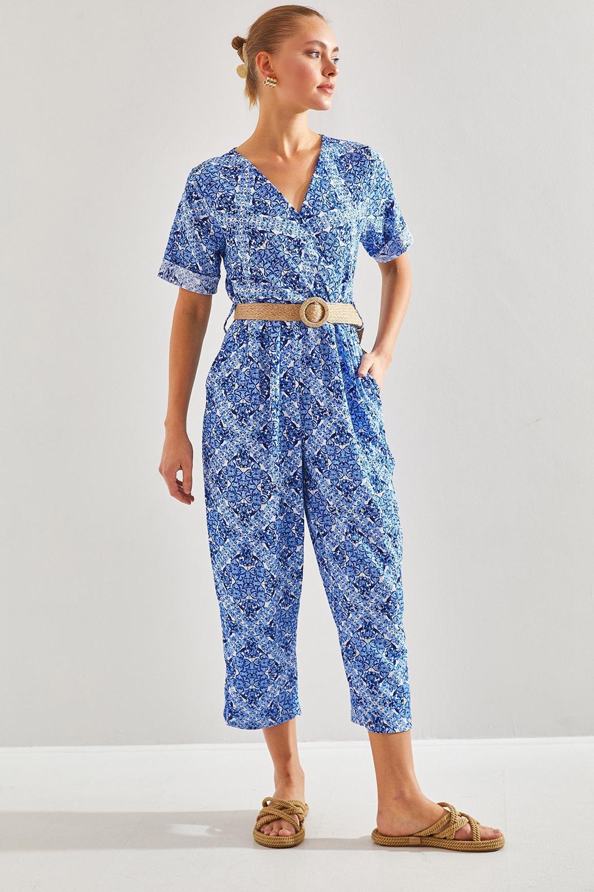 Blue Printed Belted Jumpsuit, , large image number 0