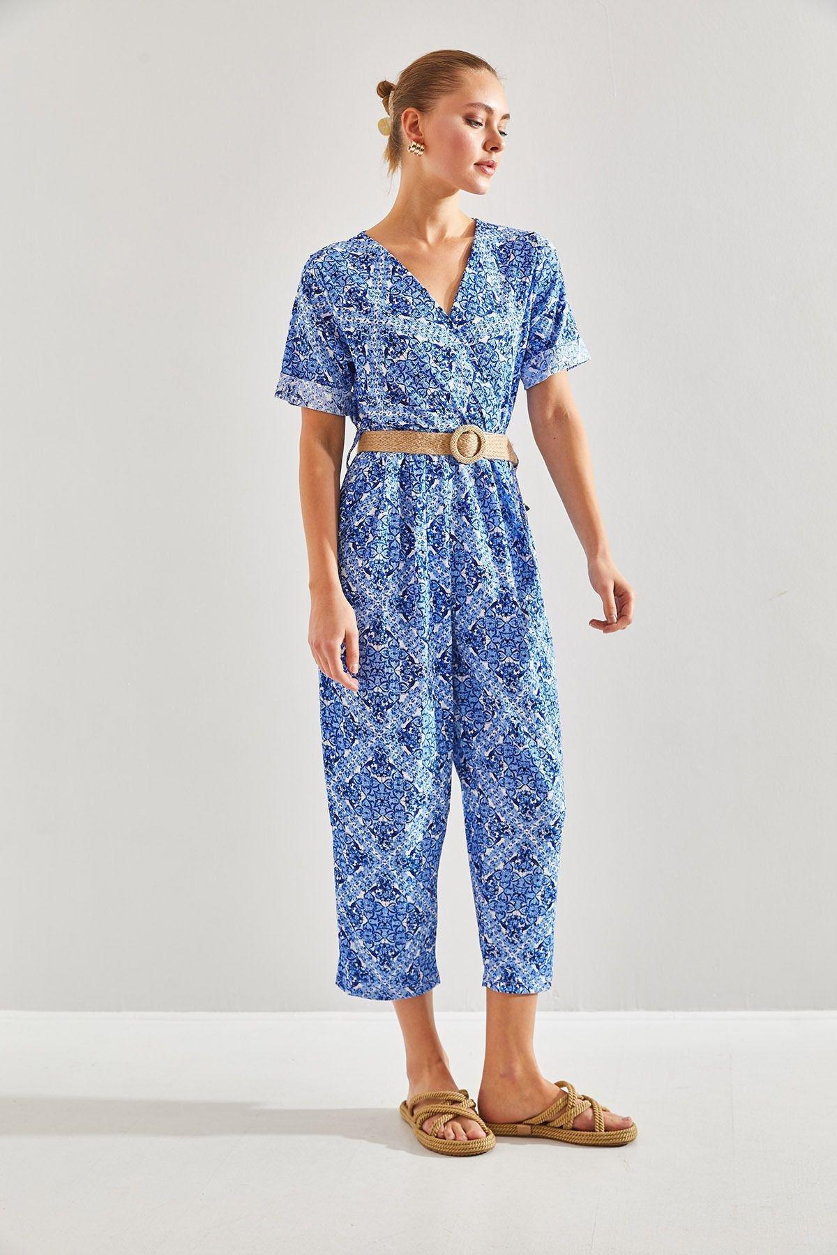 Blue Printed Belted Jumpsuit, , large image number 2