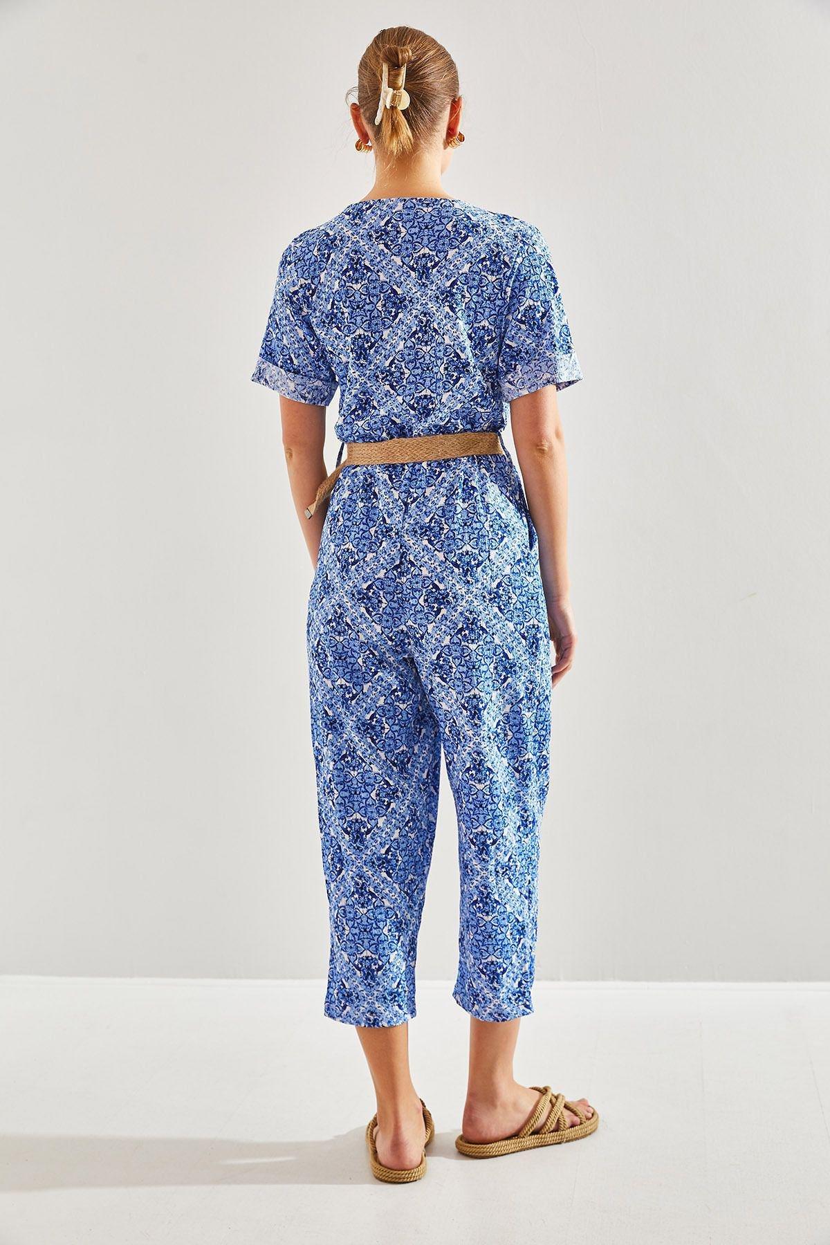 Blue Printed Belted Jumpsuit, , large image number 3