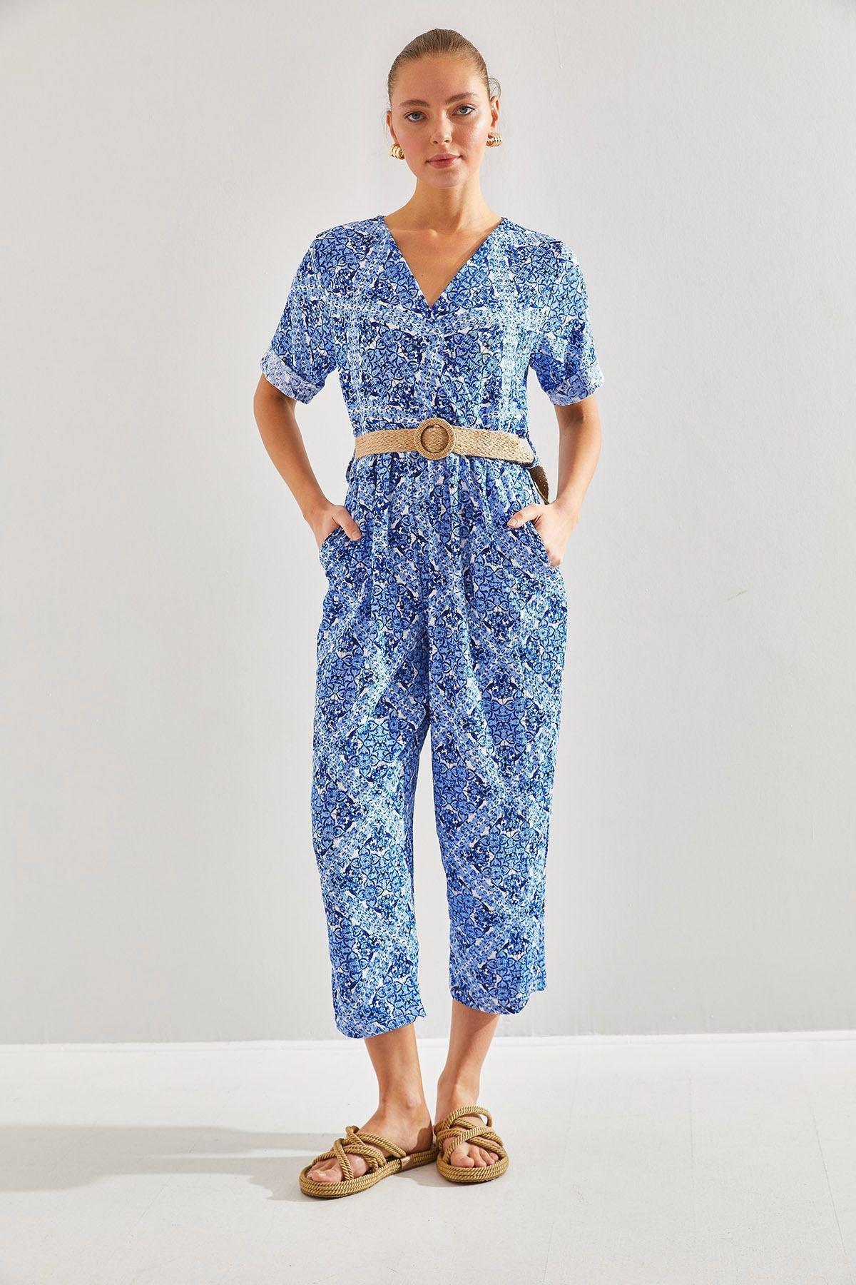 Blue Printed Belted Jumpsuit, , large image number 4
