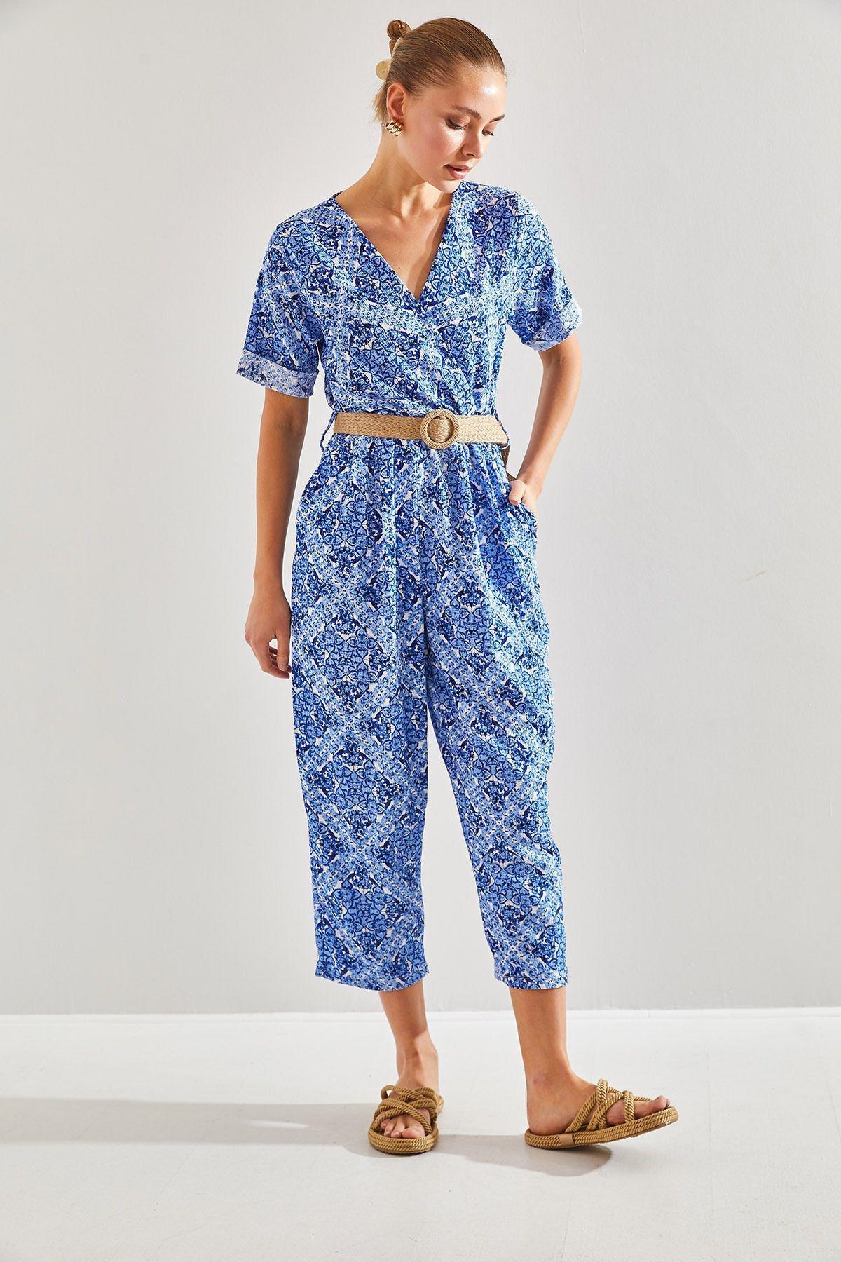 Blue Printed Belted Jumpsuit, , large image number 5