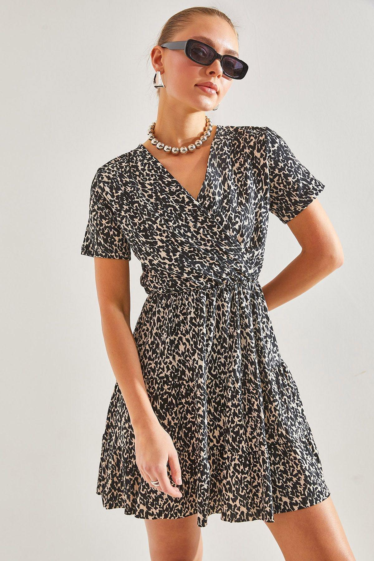 Multicolour Double-Breasted Pattern Dress, Leopard, large image number 0
