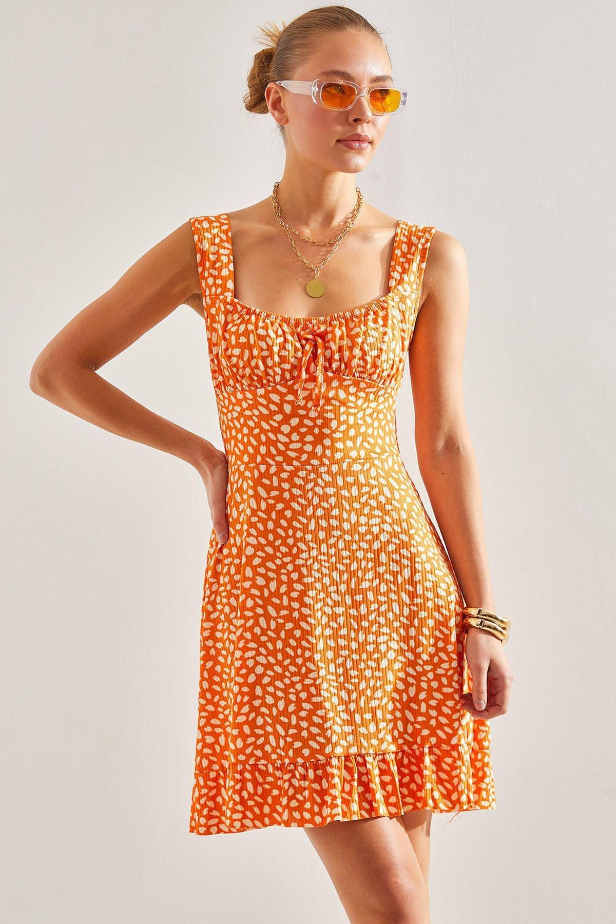 Orange Strap Pattern Dress, , large image number 0