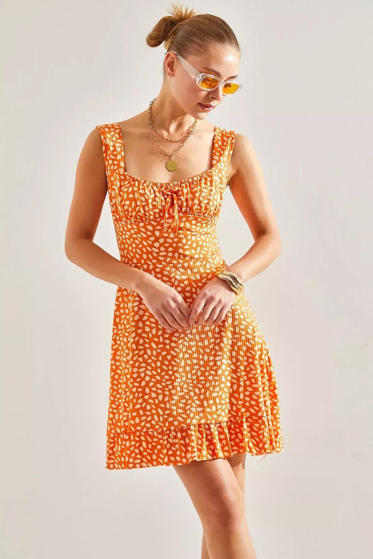 Orange Strap Pattern Dress, Orange, large image number 1