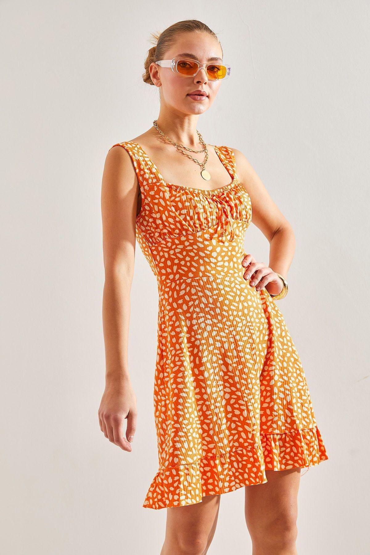 Orange Strap Pattern Dress, , large image number 1