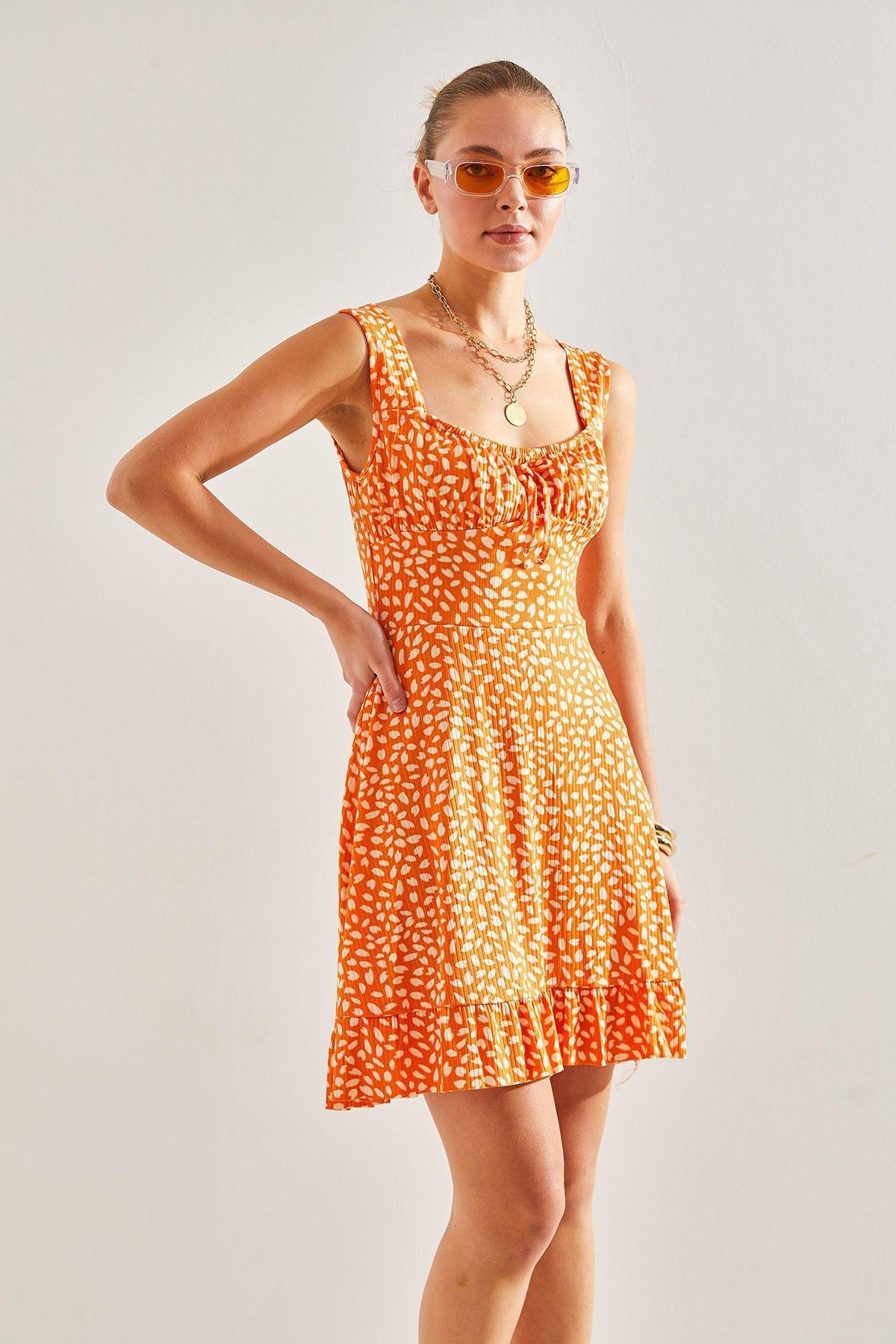 Orange Strap Pattern Dress, , large image number 4