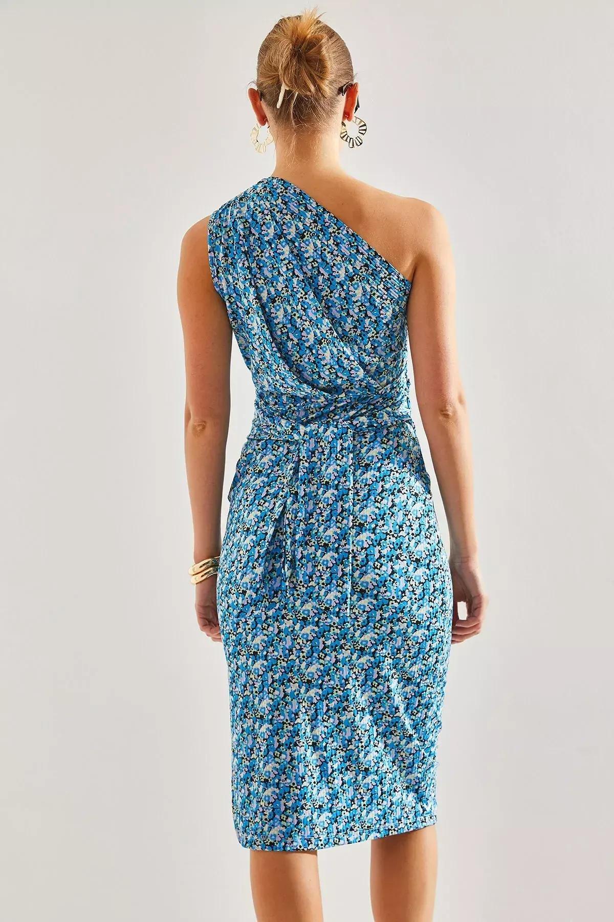 Blue Decollete Pattern Dress, C101_5645, large image number 1