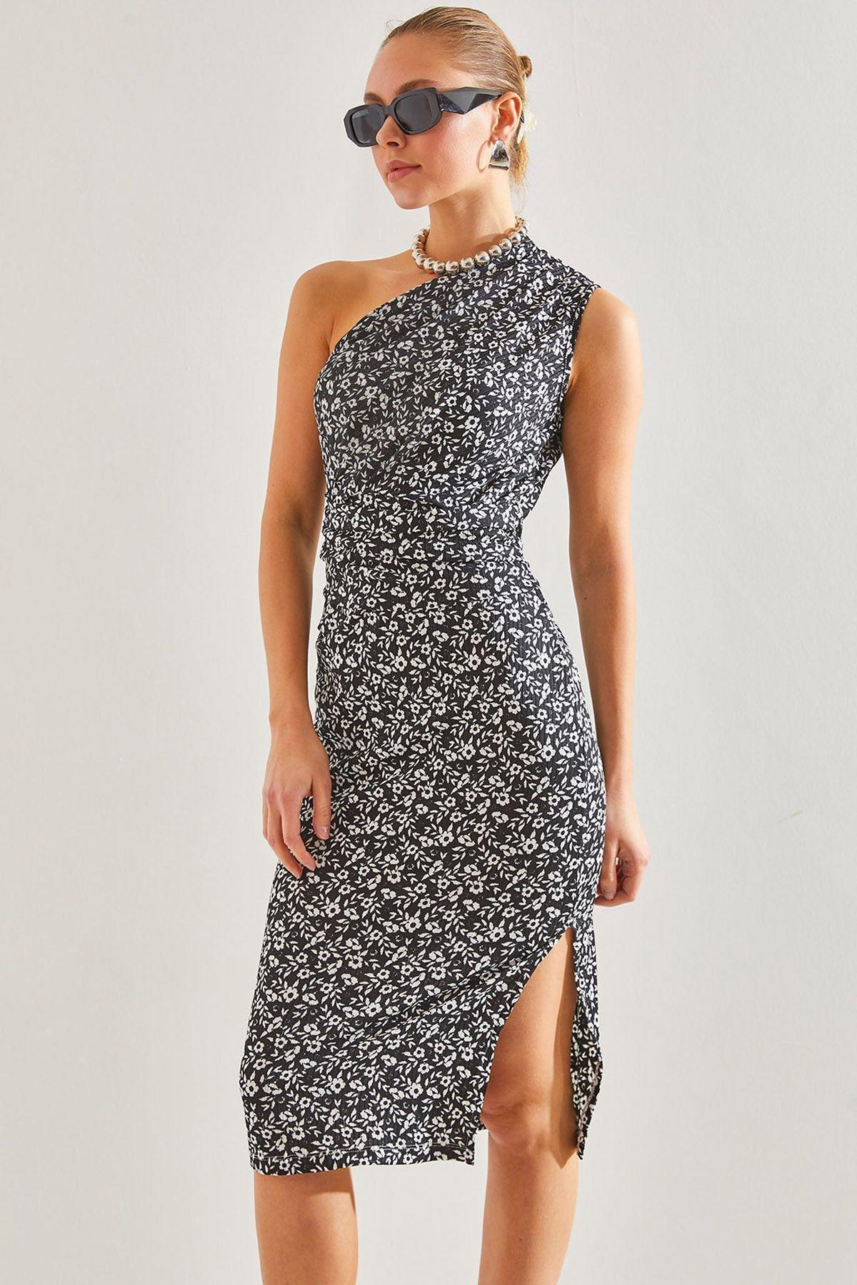 Black Decollete Pattern Dress, , medium