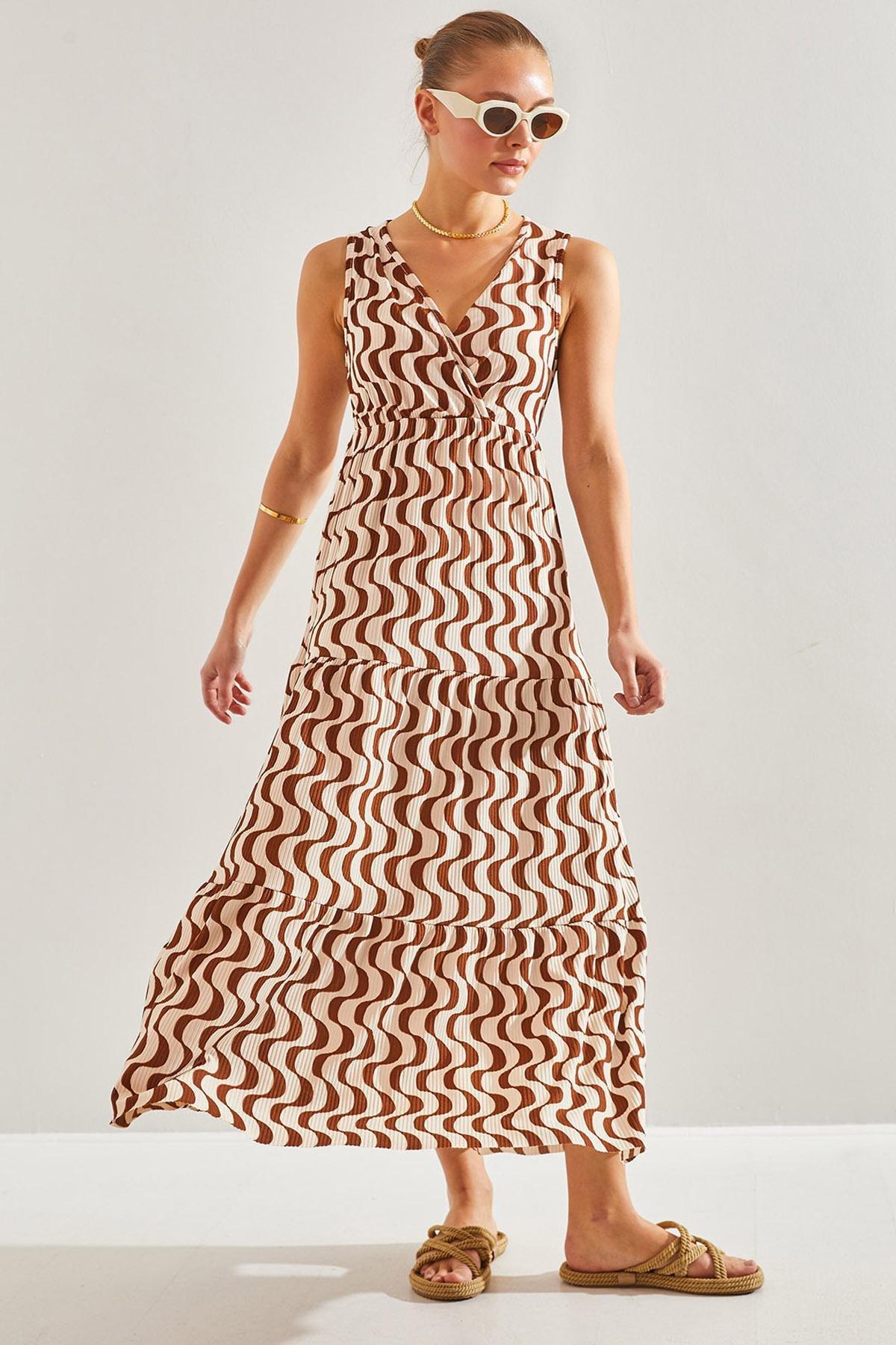 Brown Double-Breasted Collared Flared Dress, Brown, large image number 0