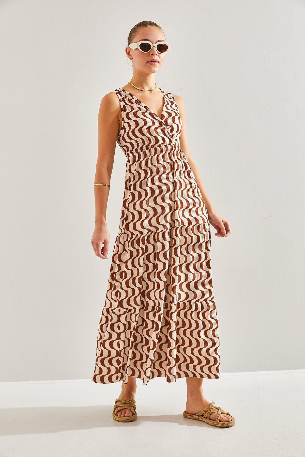 Brown Double-Breasted Collared Flared Dress, Brown, large image number 1