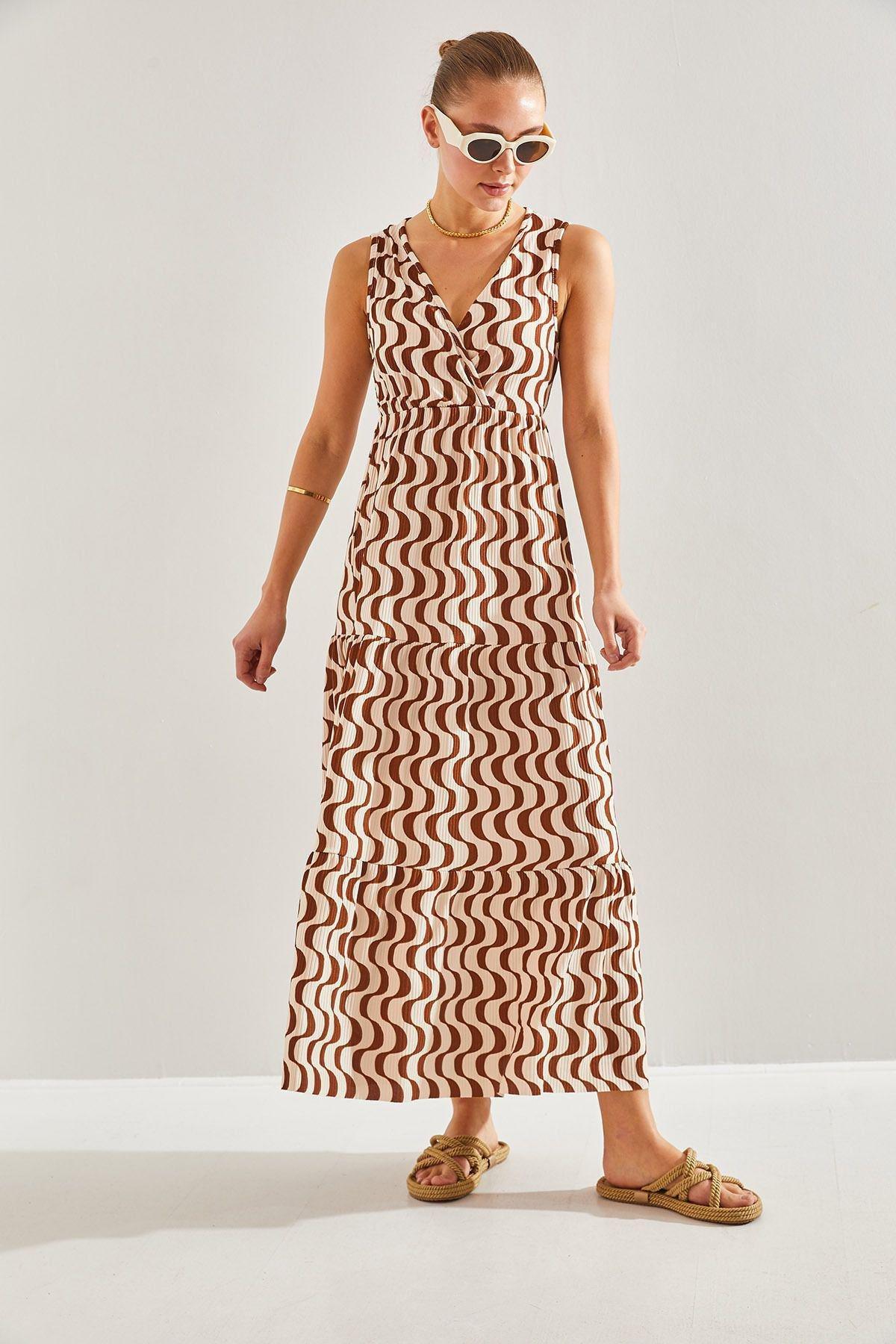 Brown Double-Breasted Collared Flared Dress, Brown, large image number 2