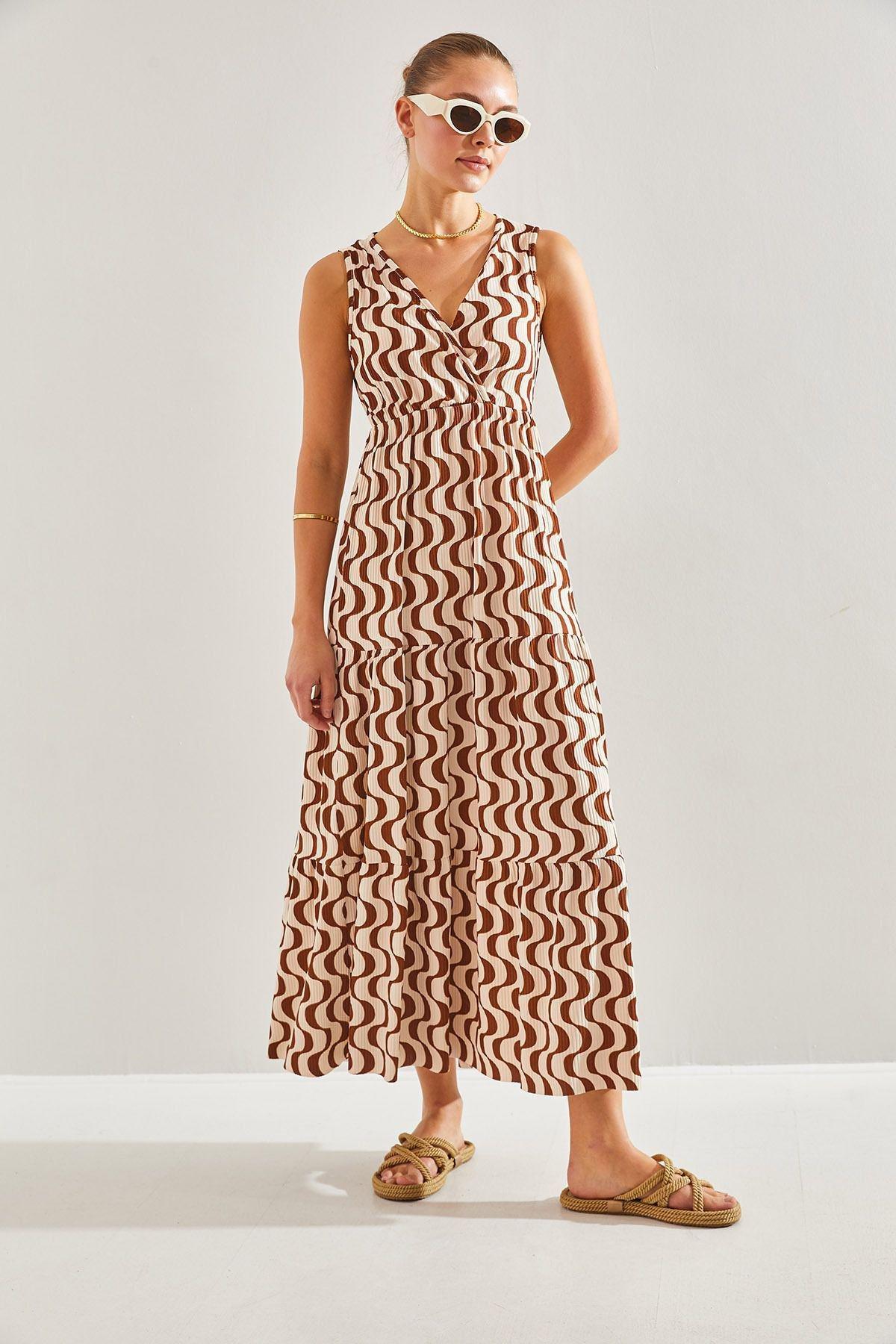 Brown Double-Breasted Collared Flared Dress, Brown, large image number 3