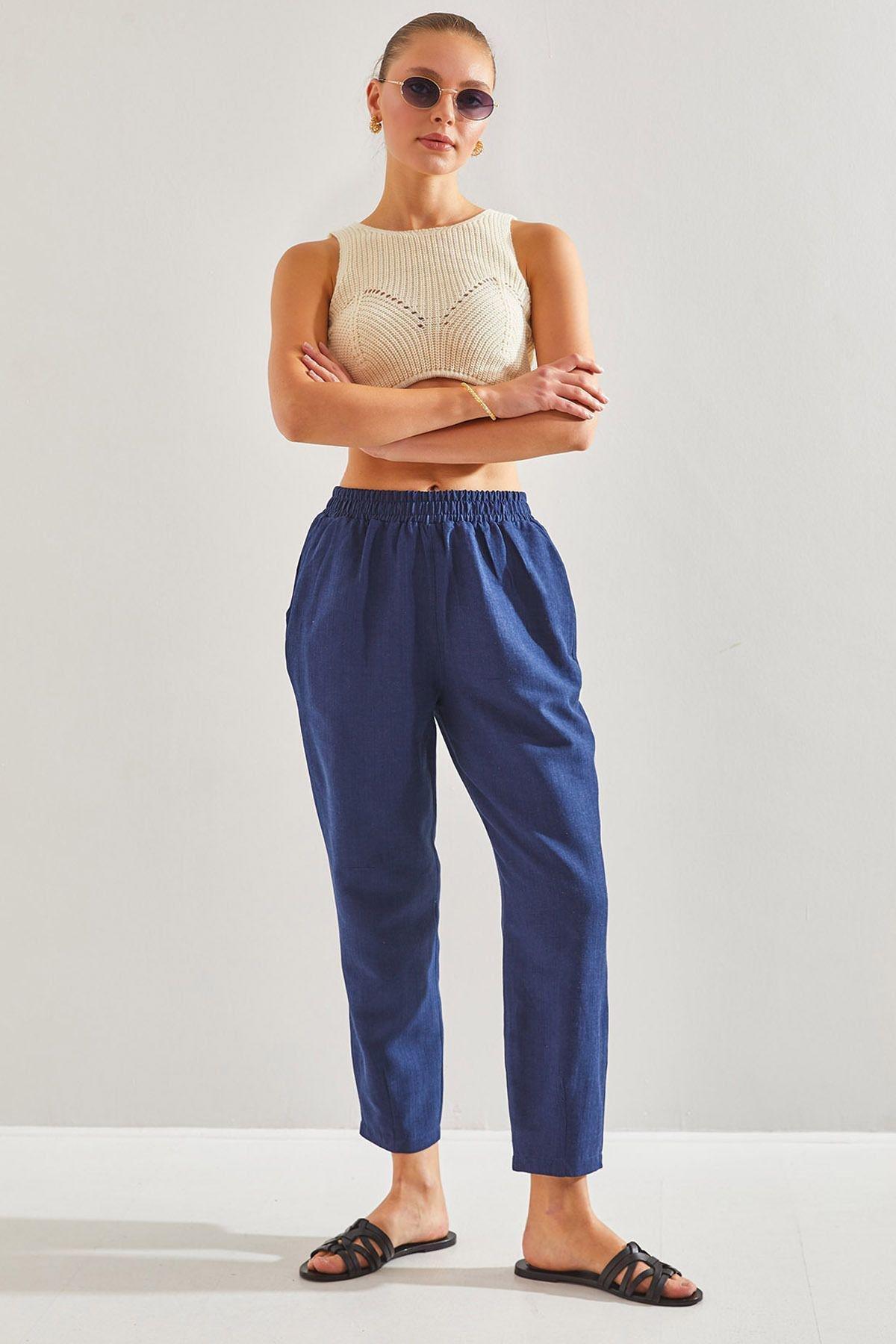 Navy Elastic Waist Trousers, , large image number 0