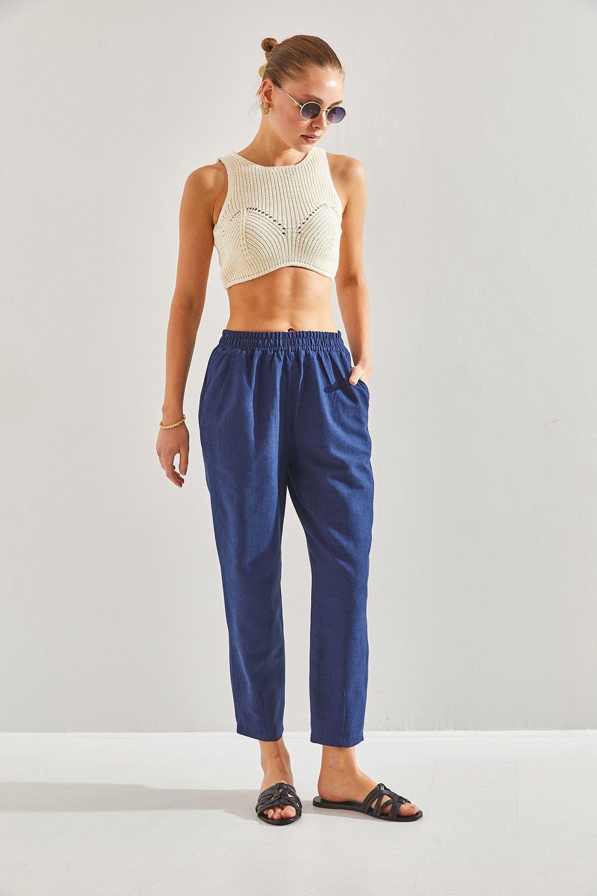 Navy Elastic Waist Trousers, , large image number 1