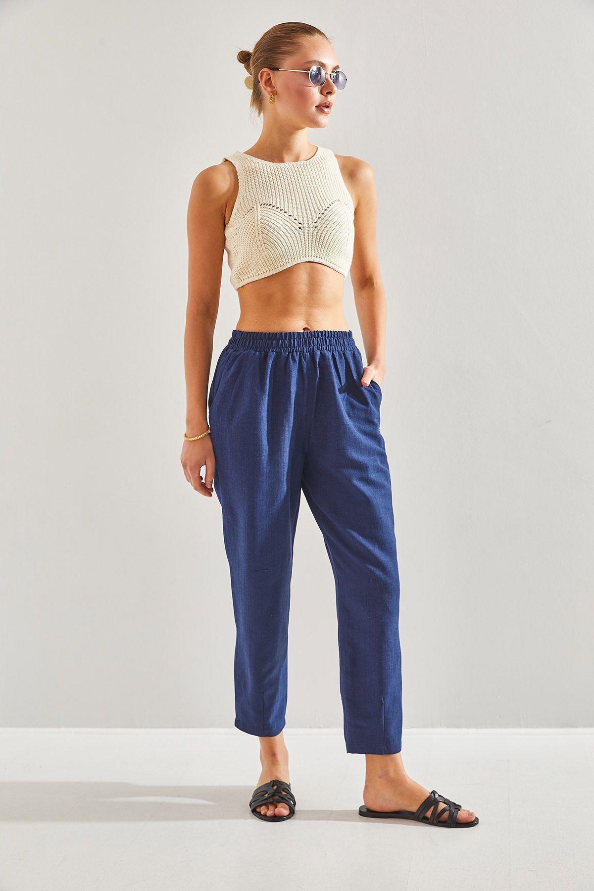 Navy Elastic Waist Trousers, , large image number 2