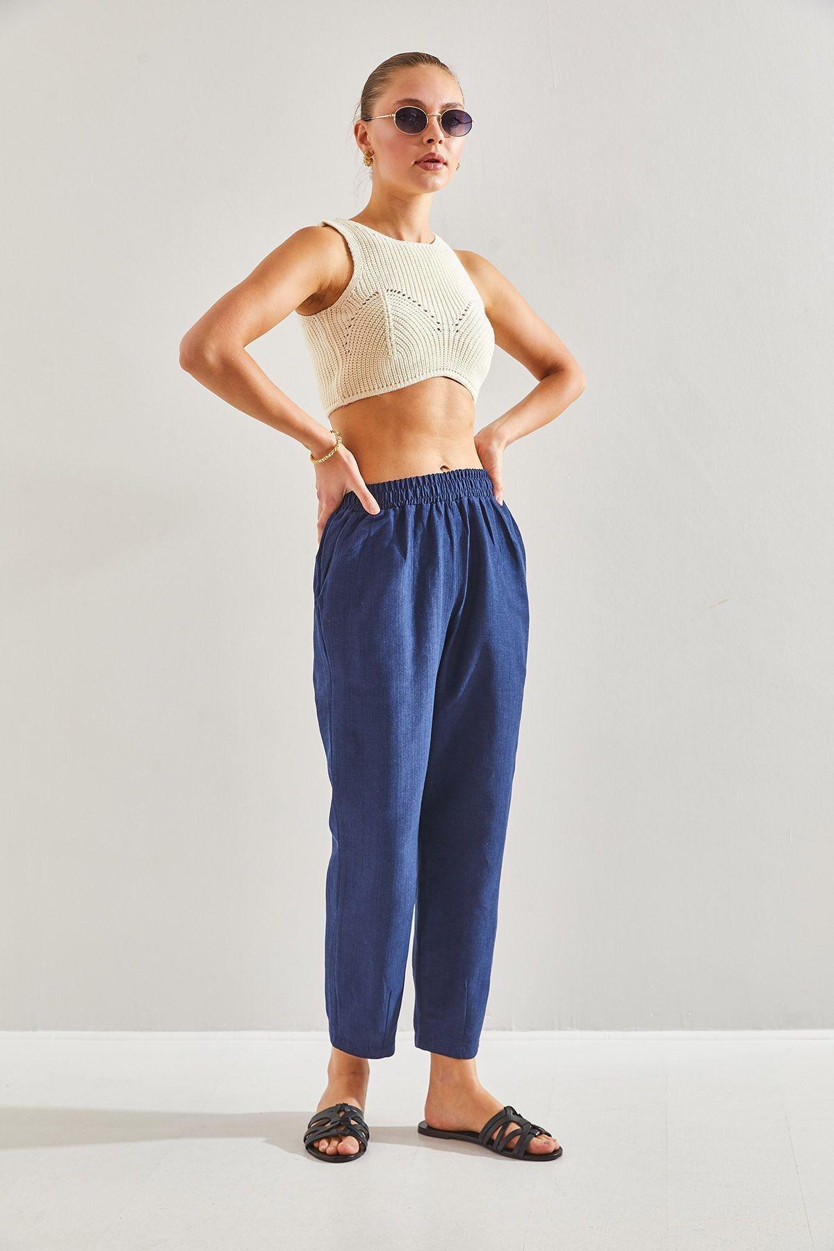 Navy Elastic Waist Trousers, , large image number 3