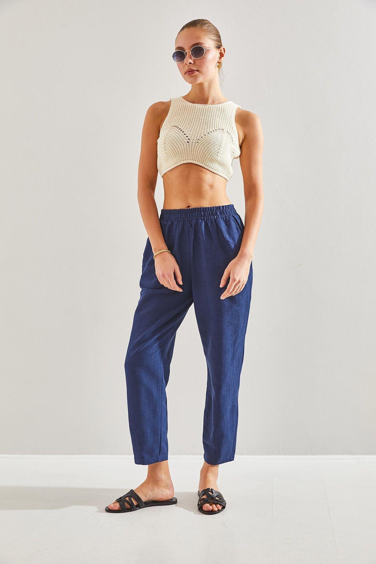 Navy Elastic Waist Trousers, , large image number 4