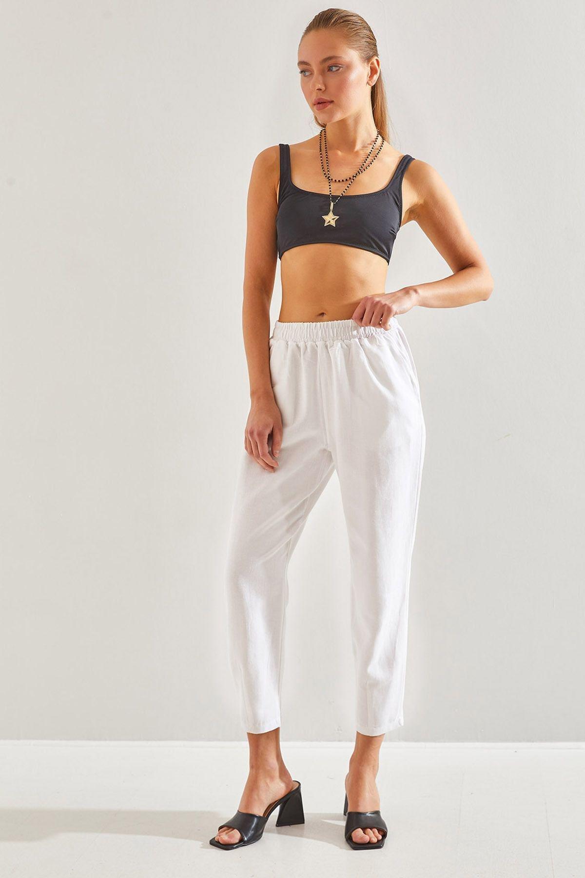White Elastic Waist Trousers, C101_5696, large image number 0