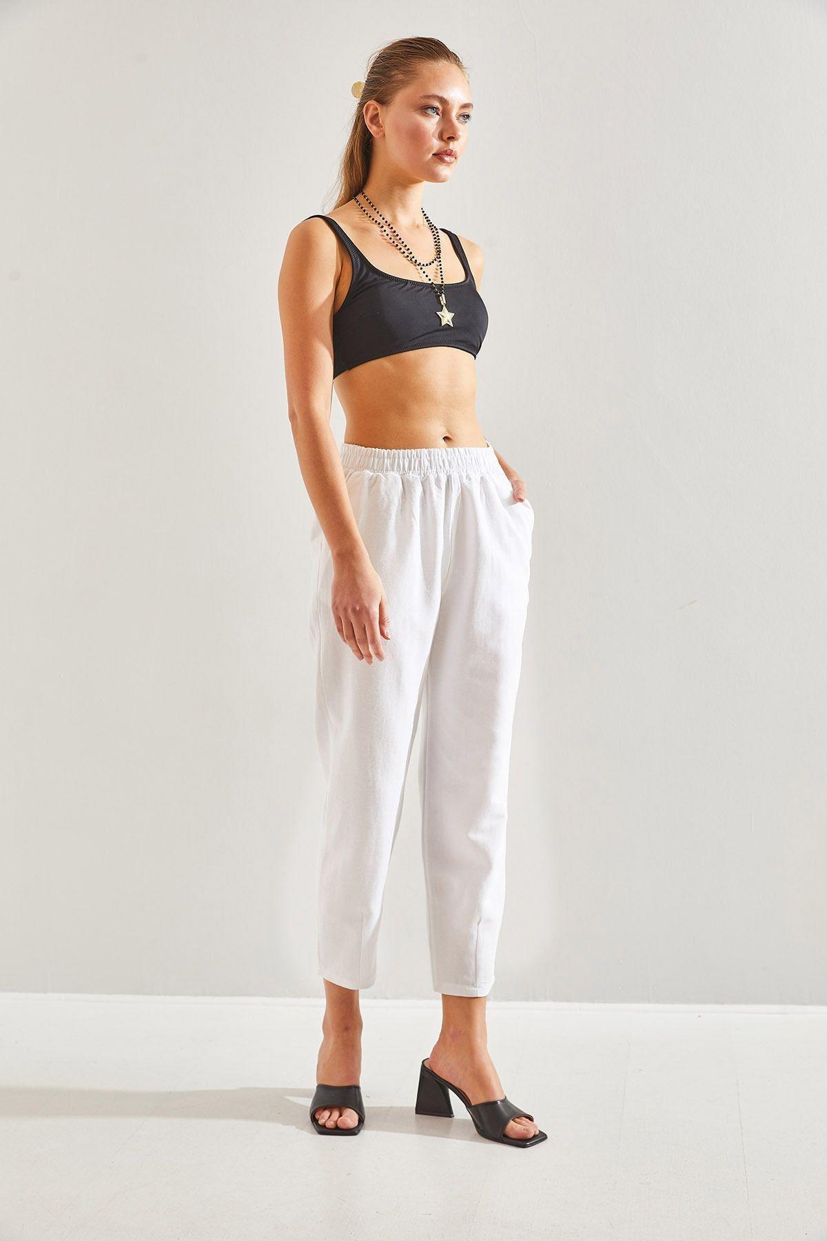 White Elastic Waist Trousers, C101_5696, large image number 2