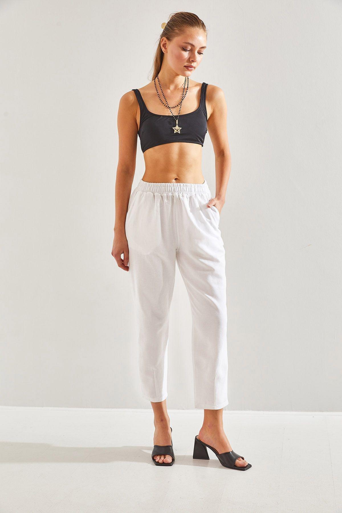 White Elastic Waist Trousers, C101_5696, large image number 3
