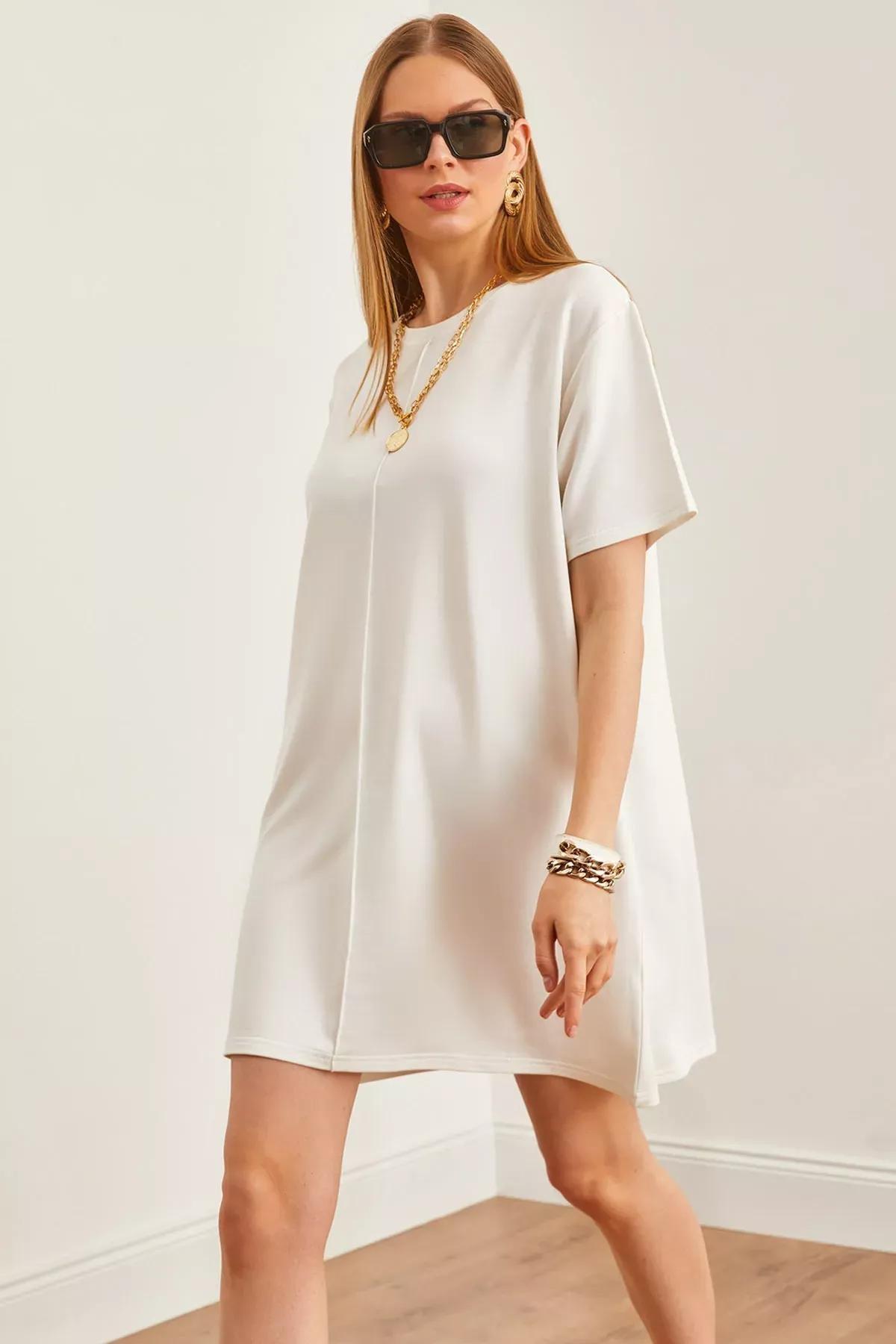 Beige Front Stitched Mini Dress, Ecru, large image number 0