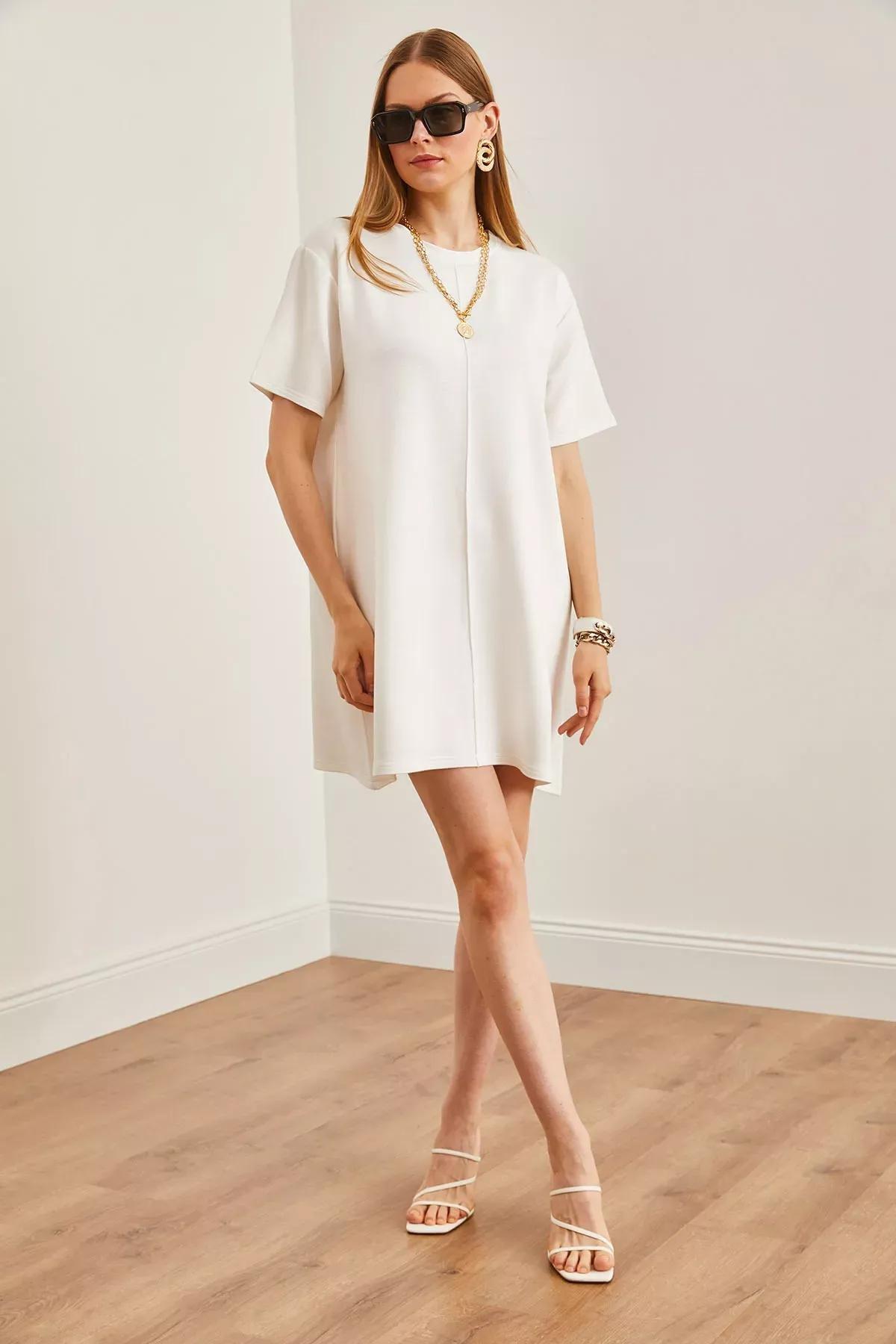 Beige Front Stitched Mini Dress, Ecru, large image number 2