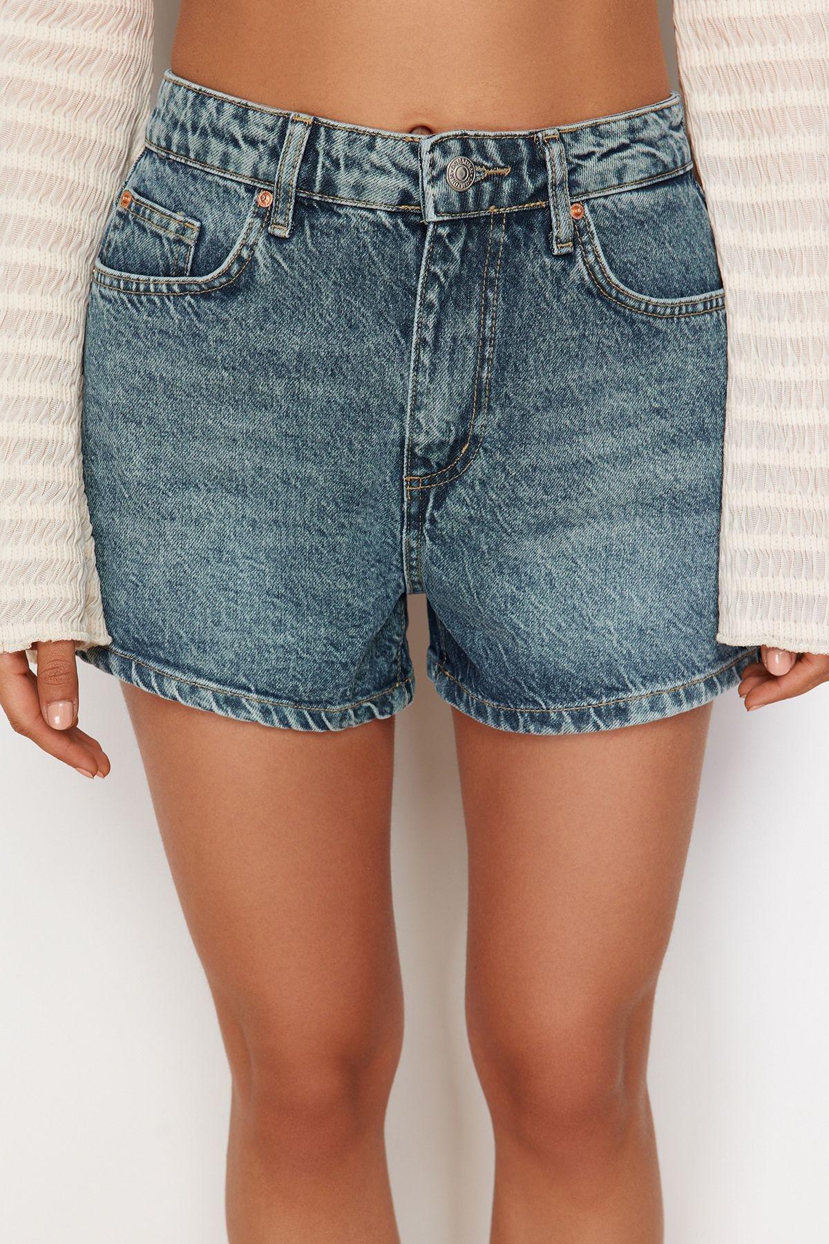 Blue High Waist Denim Shorts, , large image number 3