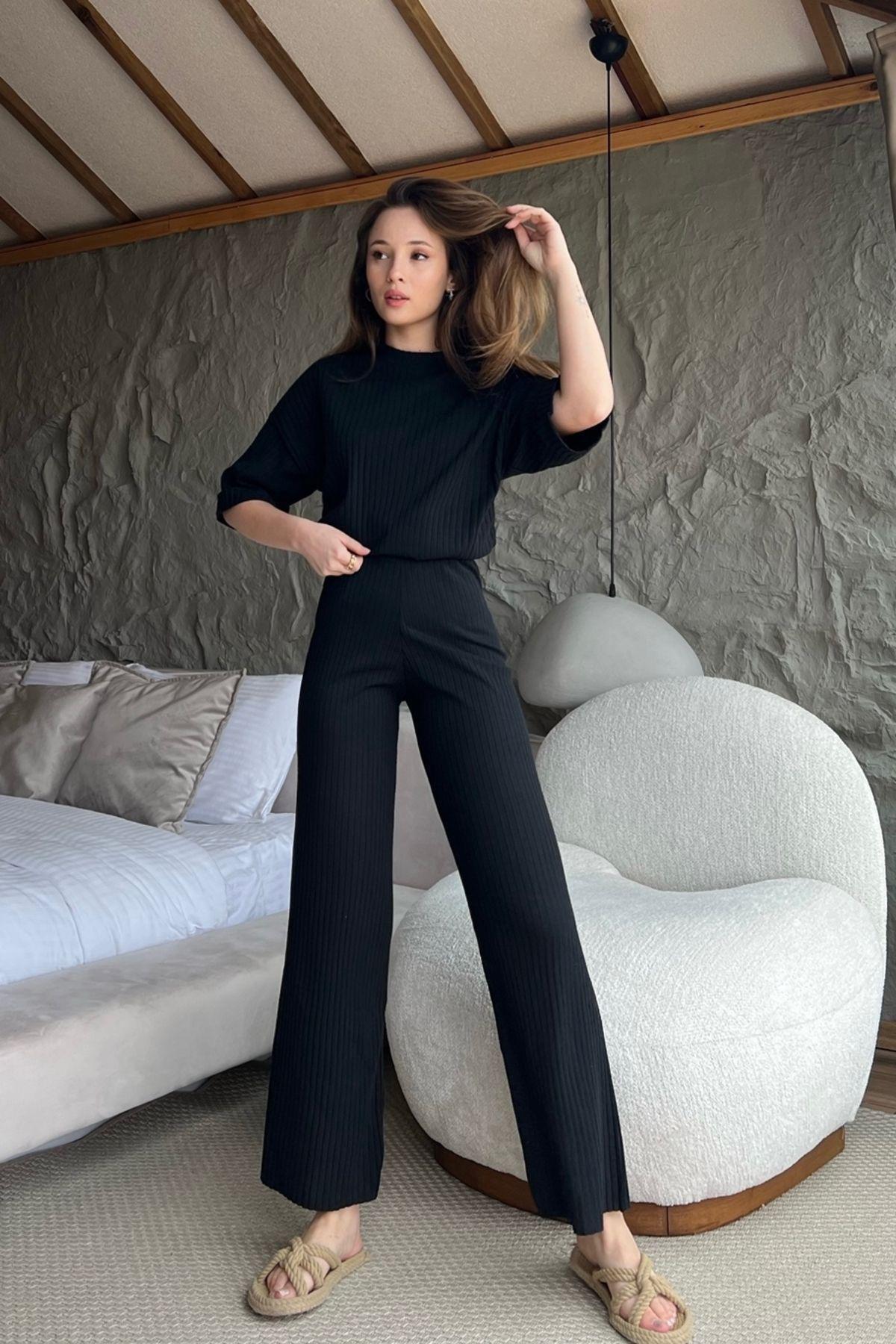 Black Ribbed Detailed Co-Ord Set, , medium