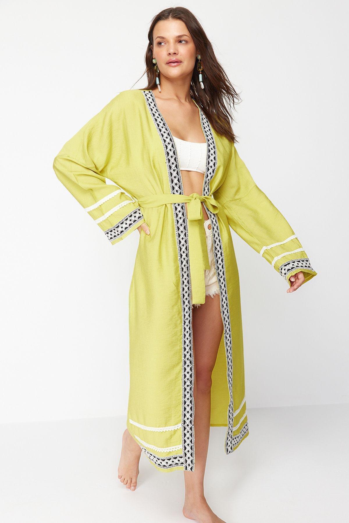Green Belted Maxi Woven Kimono, C101_6316, large image number 2