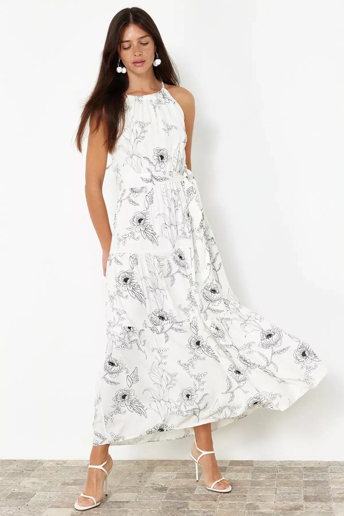 Ecru Halter Neck Maxi Lined Woven Dress, , large image number 0