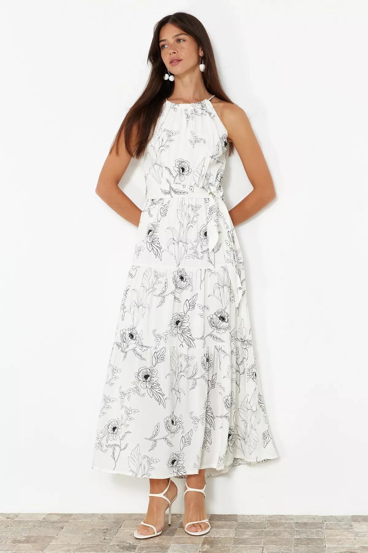 Ecru Halter Neck Maxi Lined Woven Dress, , large image number 1