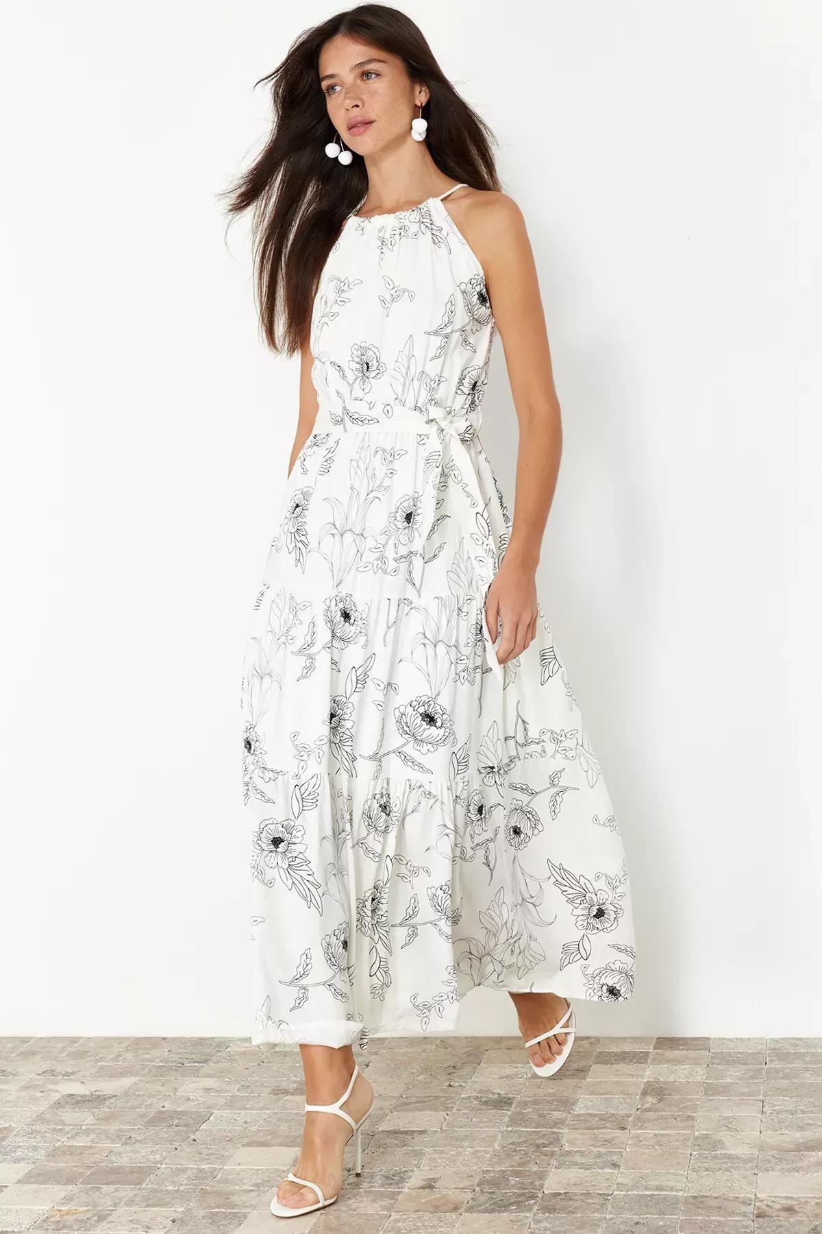 Ecru Halter Neck Maxi Lined Woven Dress, , large image number 2