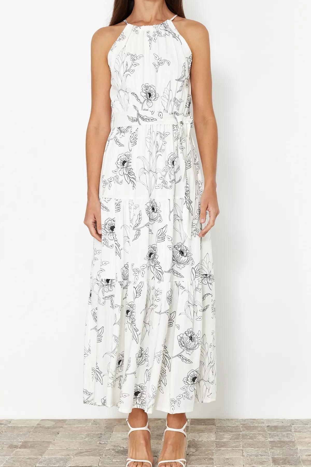 Ecru Halter Neck Maxi Lined Woven Dress, , large image number 3