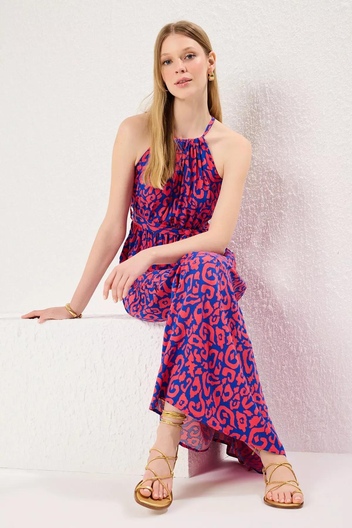 Pink Belted Halter Neck Shally Maxi Dress, Pink, large image number 0