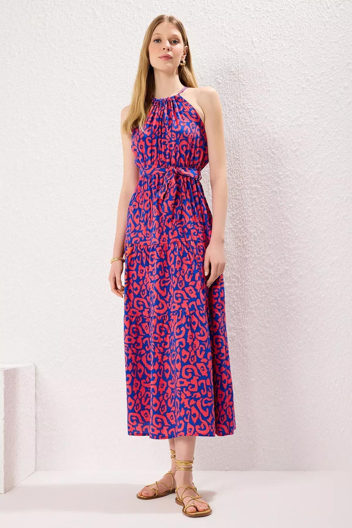 Pink Belted Halter Neck Shally Maxi Dress, Pink, large image number 1